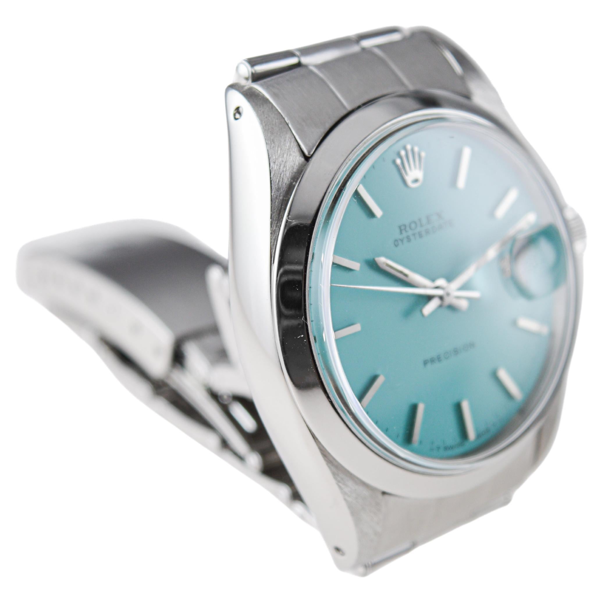 Modern Rolex Stainless Steel Oysterdate with Custom Tiffany Blue Dial circa, 1960's For Sale