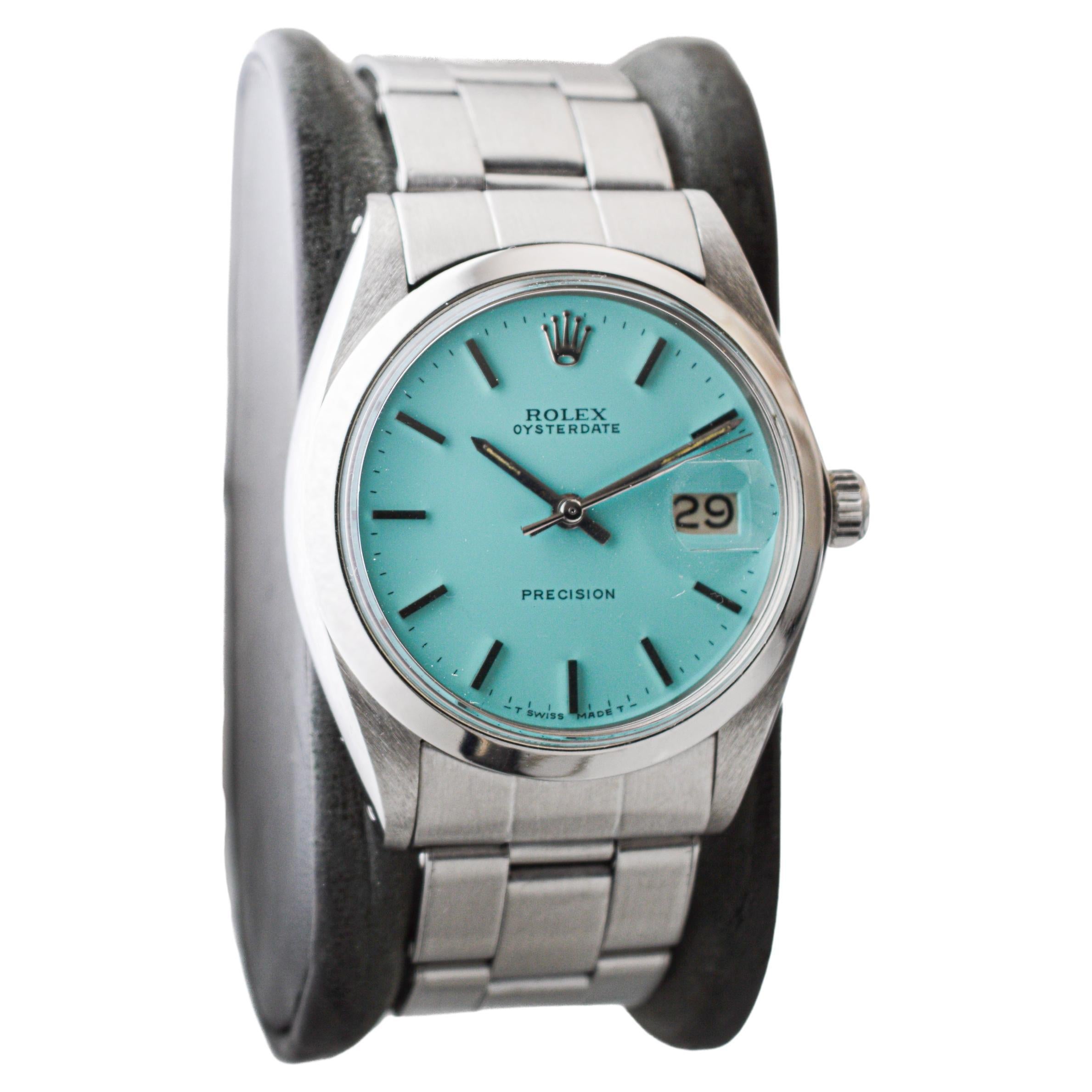 Modern Rolex Stainless Steel Oysterdate with Custom T. Blue Dial circa, 1970's