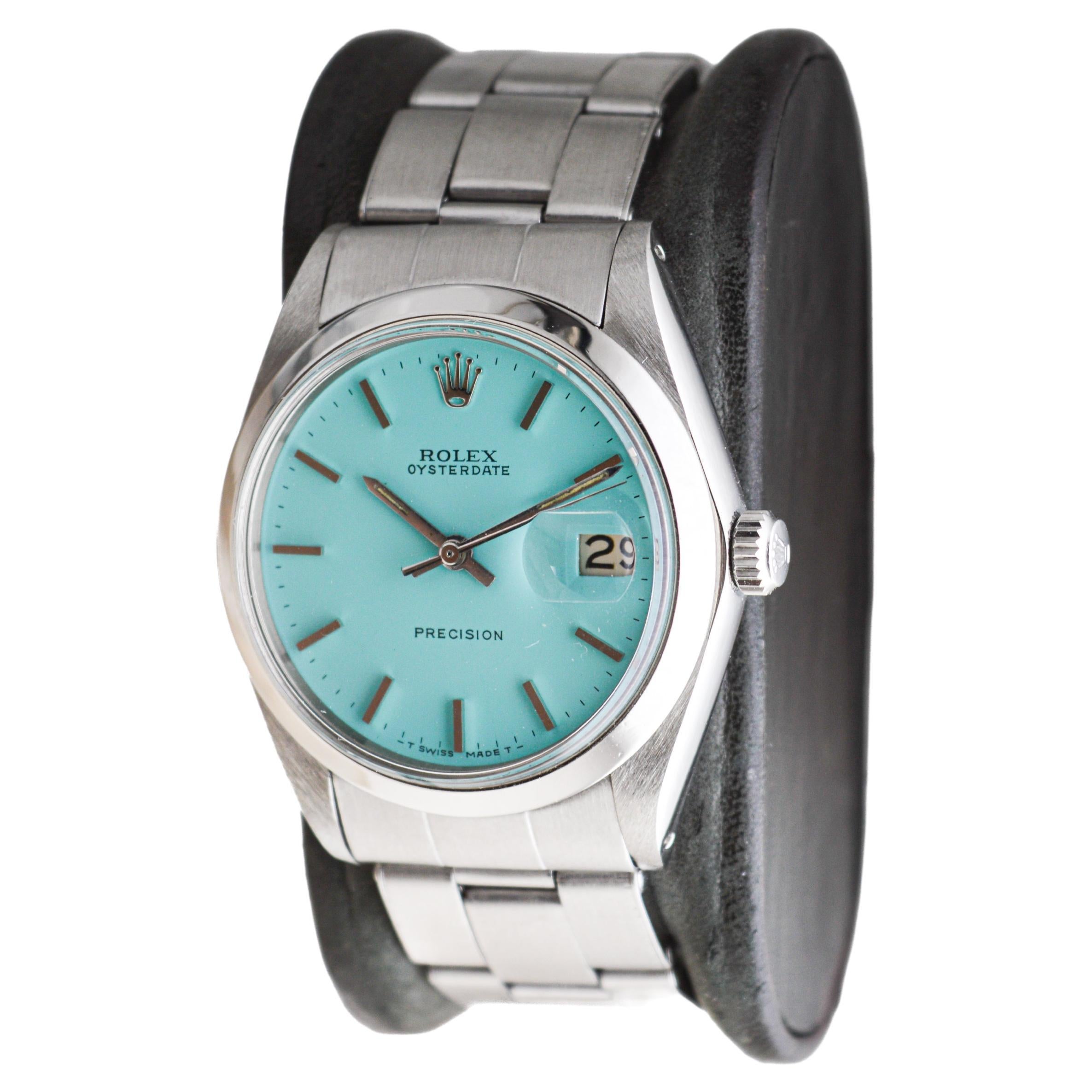 Women's or Men's Rolex Stainless Steel Oysterdate with Custom T. Blue Dial circa, 1970's