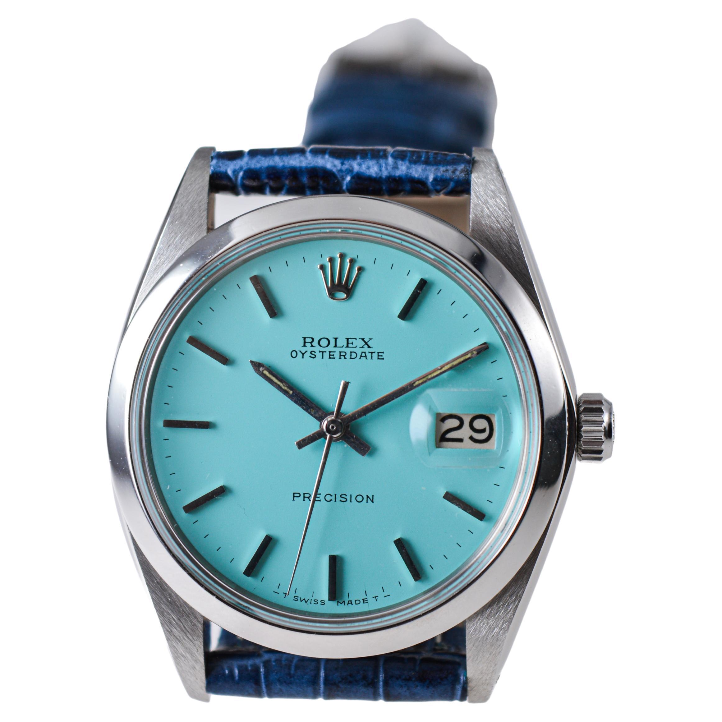 Women's or Men's Rolex Stainless Steel Oysterdate with Custom Tiffany Blue Dial circa, 1970's