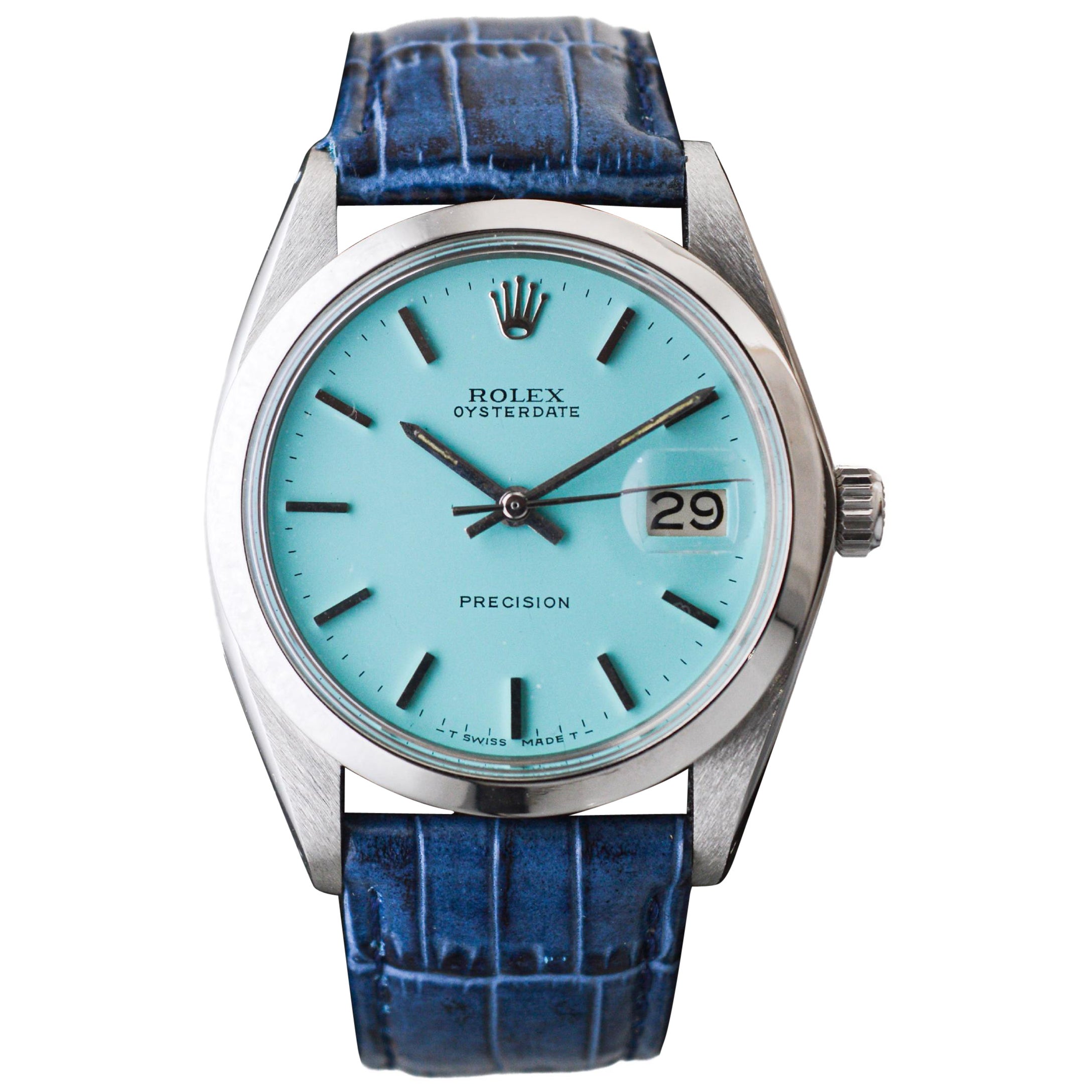 Rolex Oysterdate en acier inoxydable avec cadran bleu Tiffany personnalisé vers les années 1970