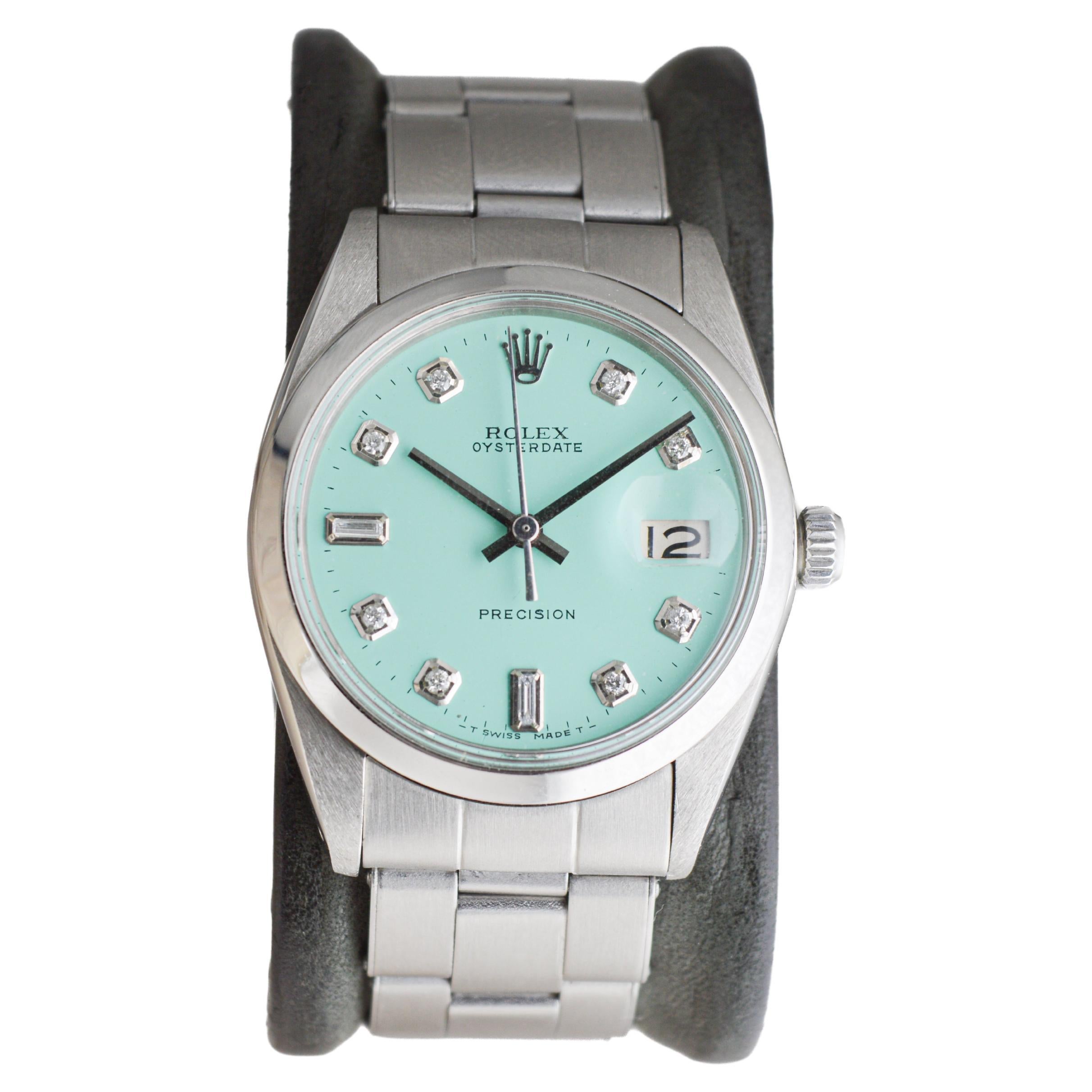 Rolex Stainless Steel Oysterdate with Custom Blue Diamond Dial 1960's In Excellent Condition In Long Beach, CA
