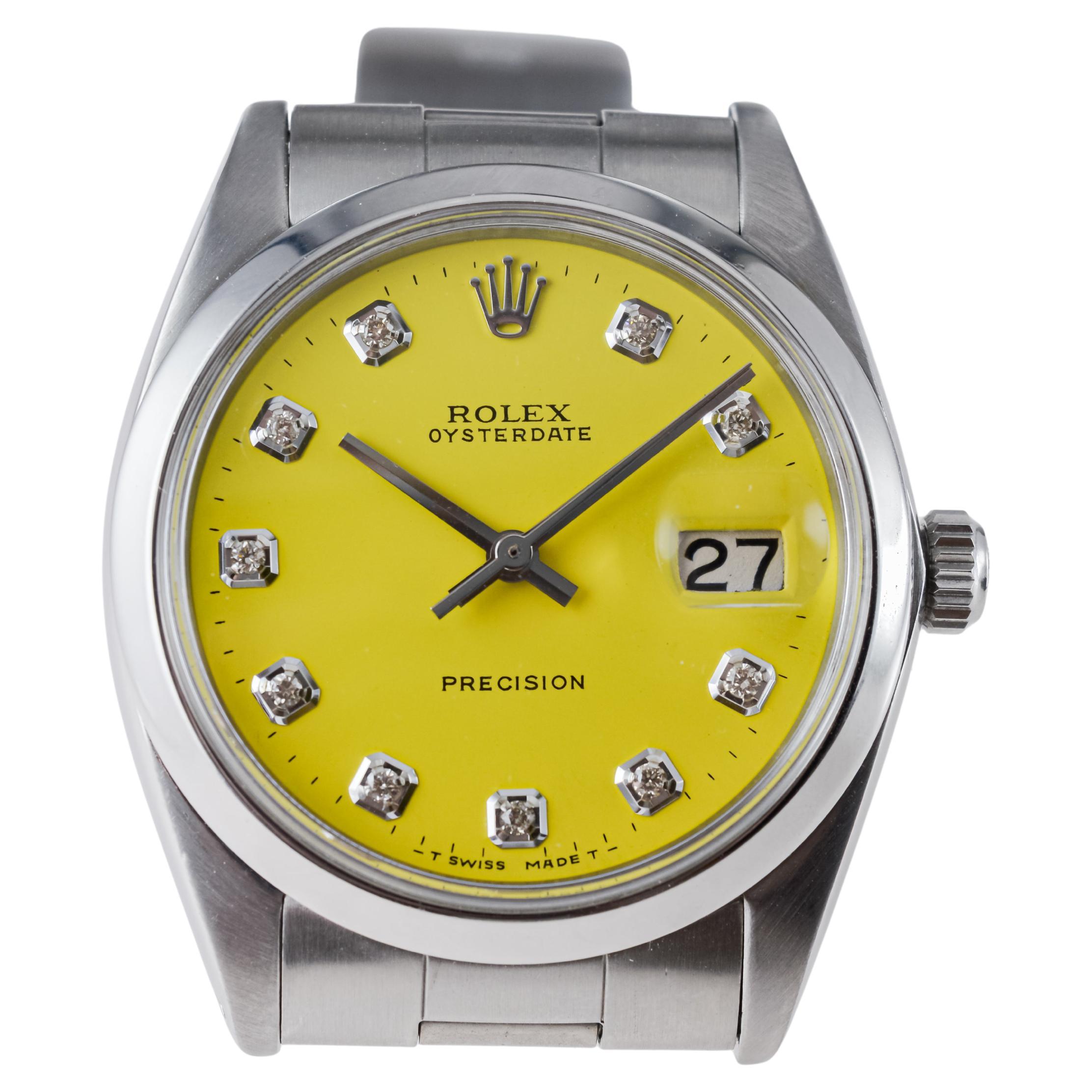 Rolex Stainless Steel Oysterdate with Custom Yellow Dial circa, 1960's For Sale 5