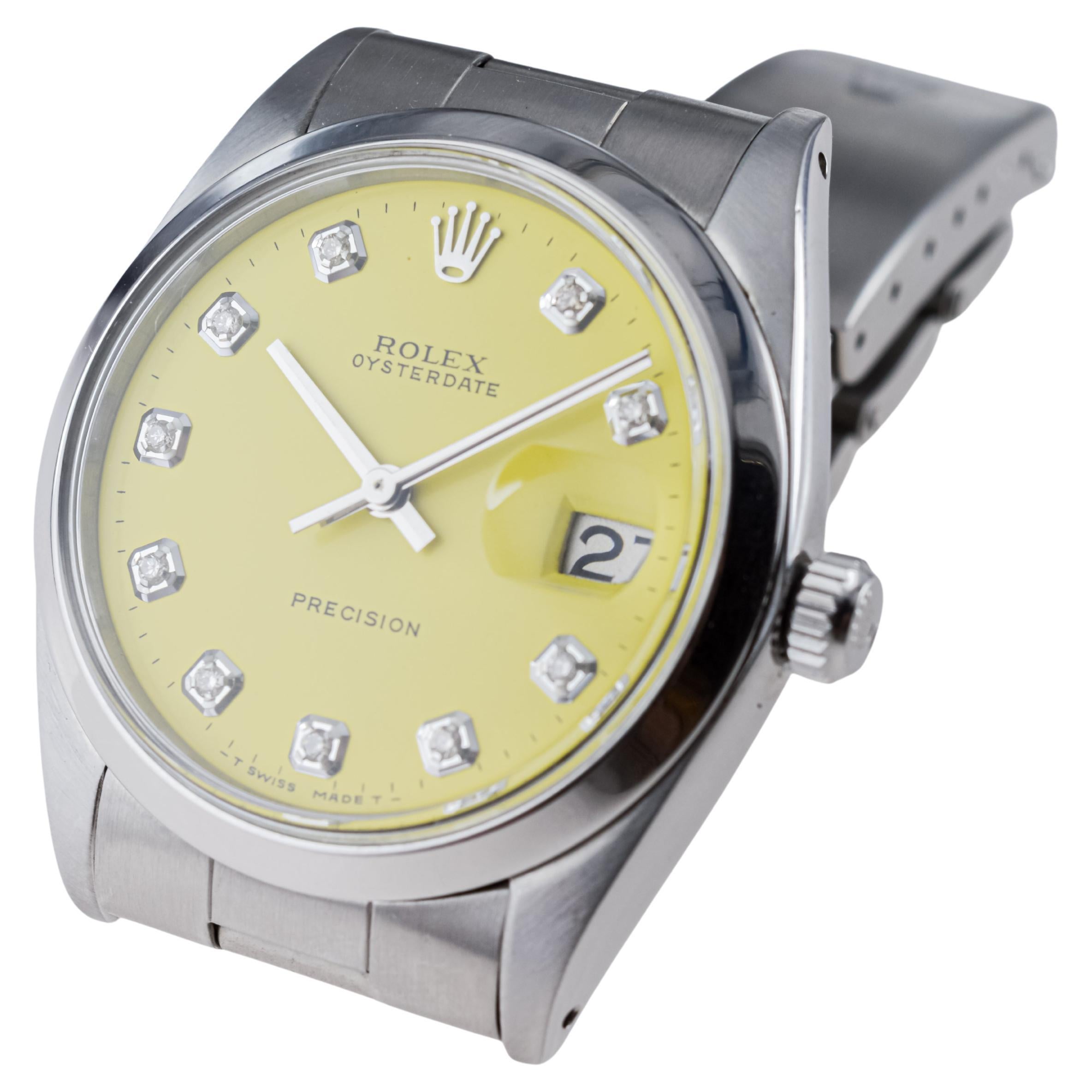 Rolex Stainless Steel Oysterdate with Custom Yellow Dial circa, 1960's For Sale 6