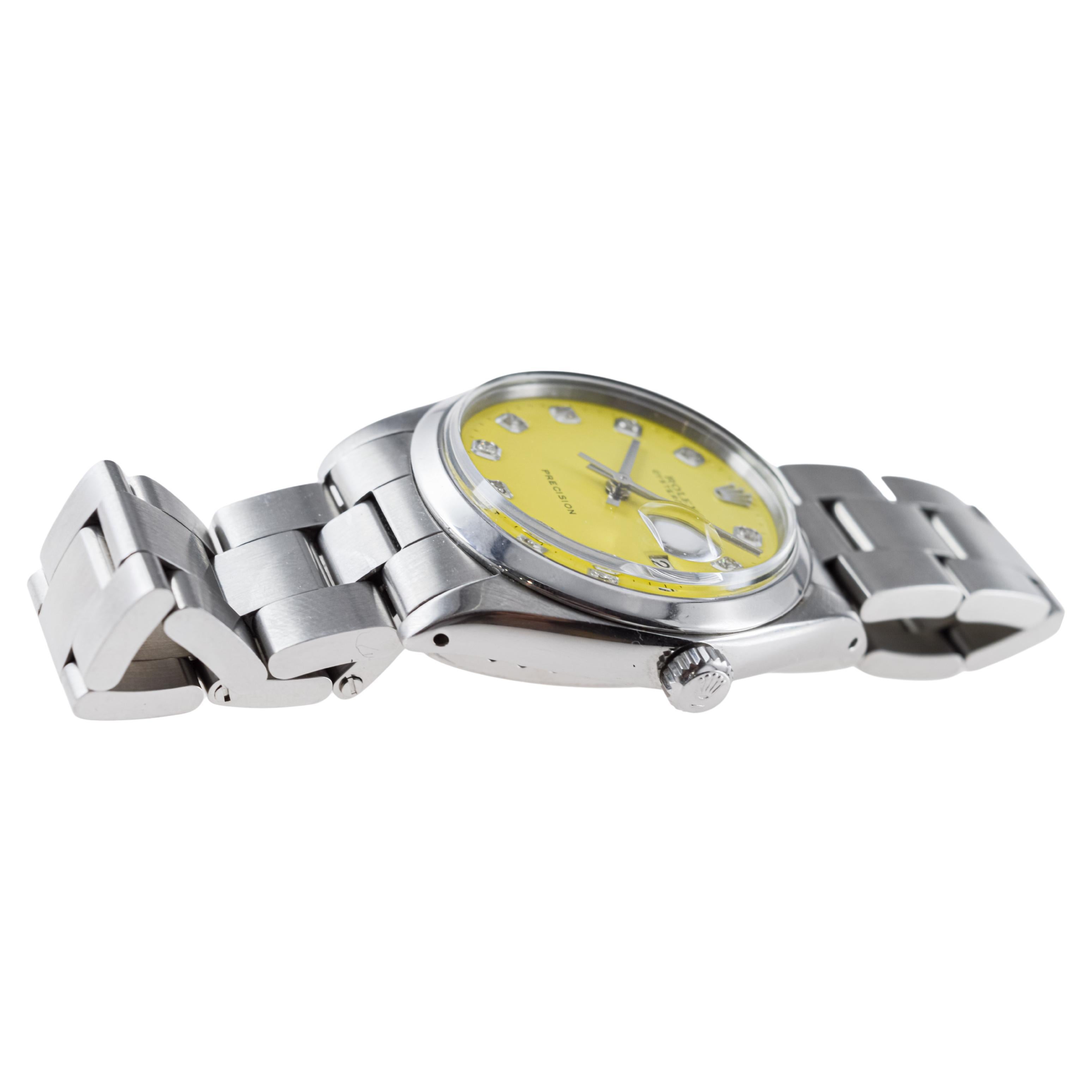 Rolex Stainless Steel Oysterdate with Custom Yellow Dial circa, 1960's For Sale 9