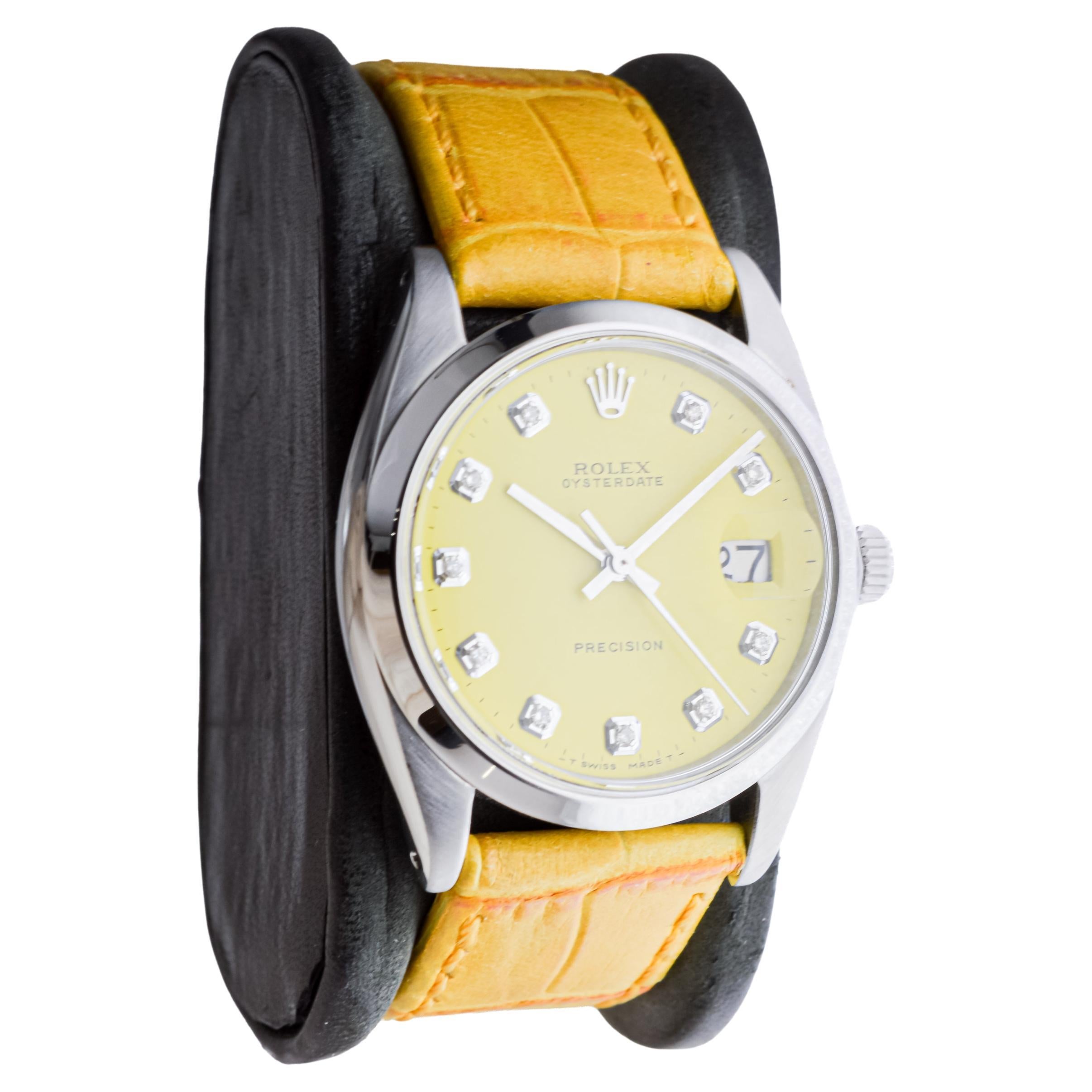 Modern Rolex Stainless Steel Oysterdate with Custom Yellow Dial circa, 1960's For Sale