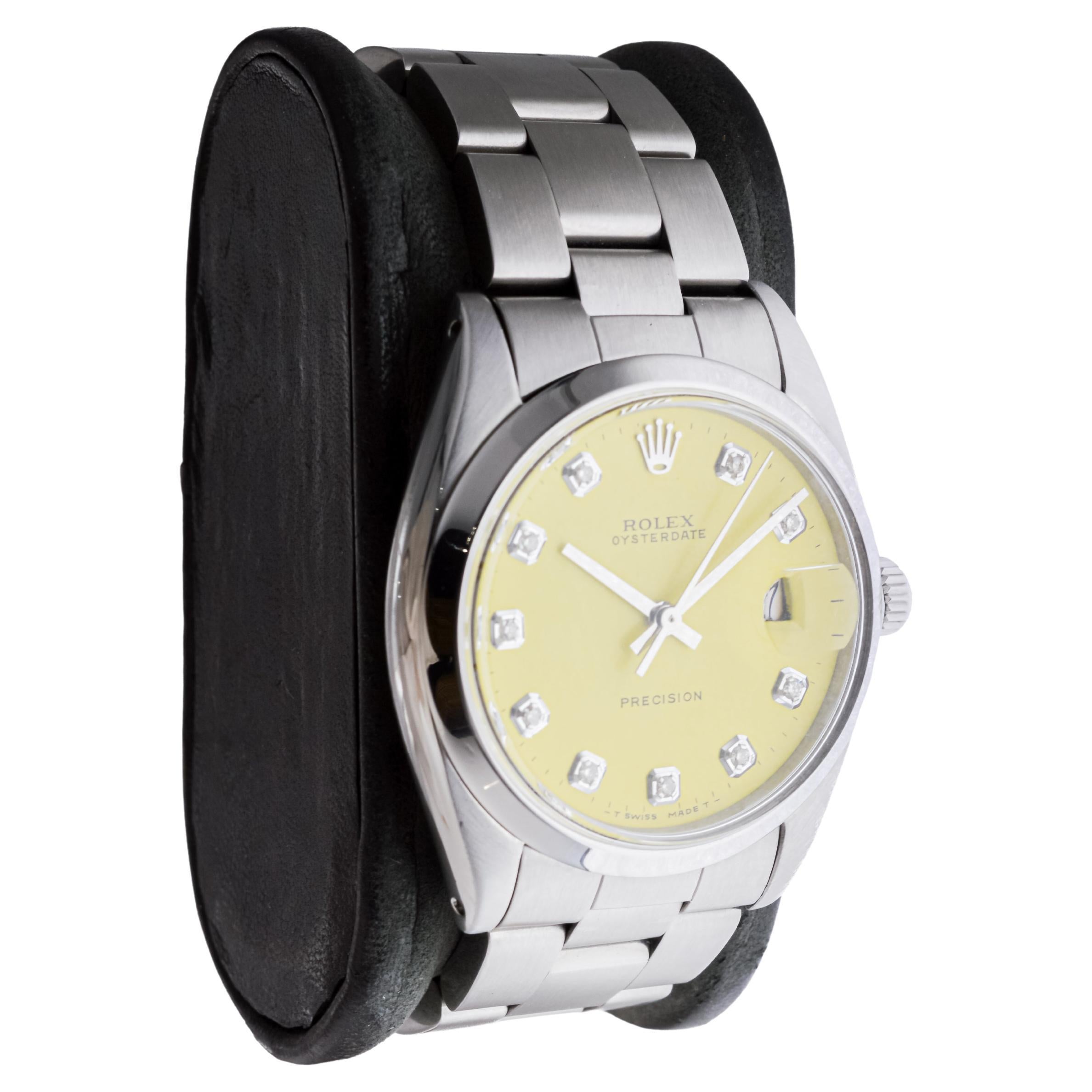 Modern Rolex Stainless Steel Oysterdate with Custom Yellow Dial circa, 1960's For Sale