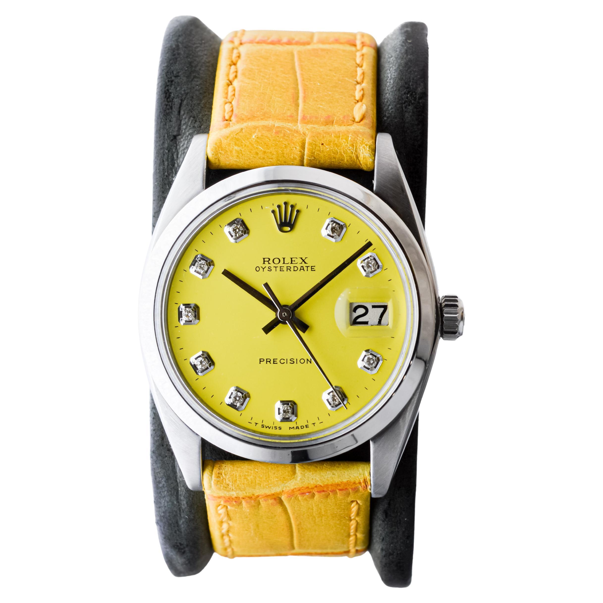 Rolex Stainless Steel Oysterdate with Custom Yellow Dial circa, 1960's In Excellent Condition For Sale In Long Beach, CA
