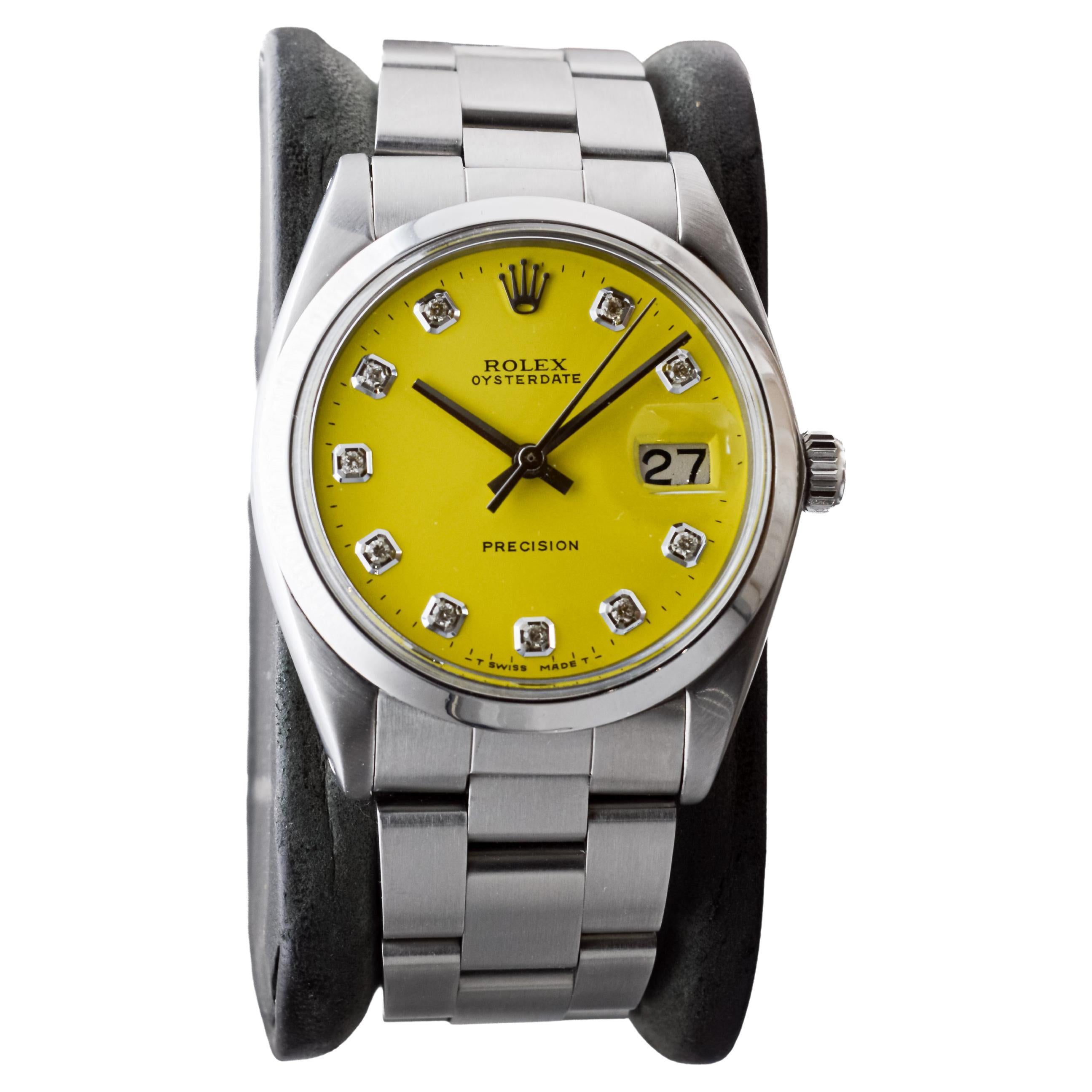 Rolex Stainless Steel Oysterdate with Custom Yellow Dial circa, 1960's In Excellent Condition For Sale In Long Beach, CA