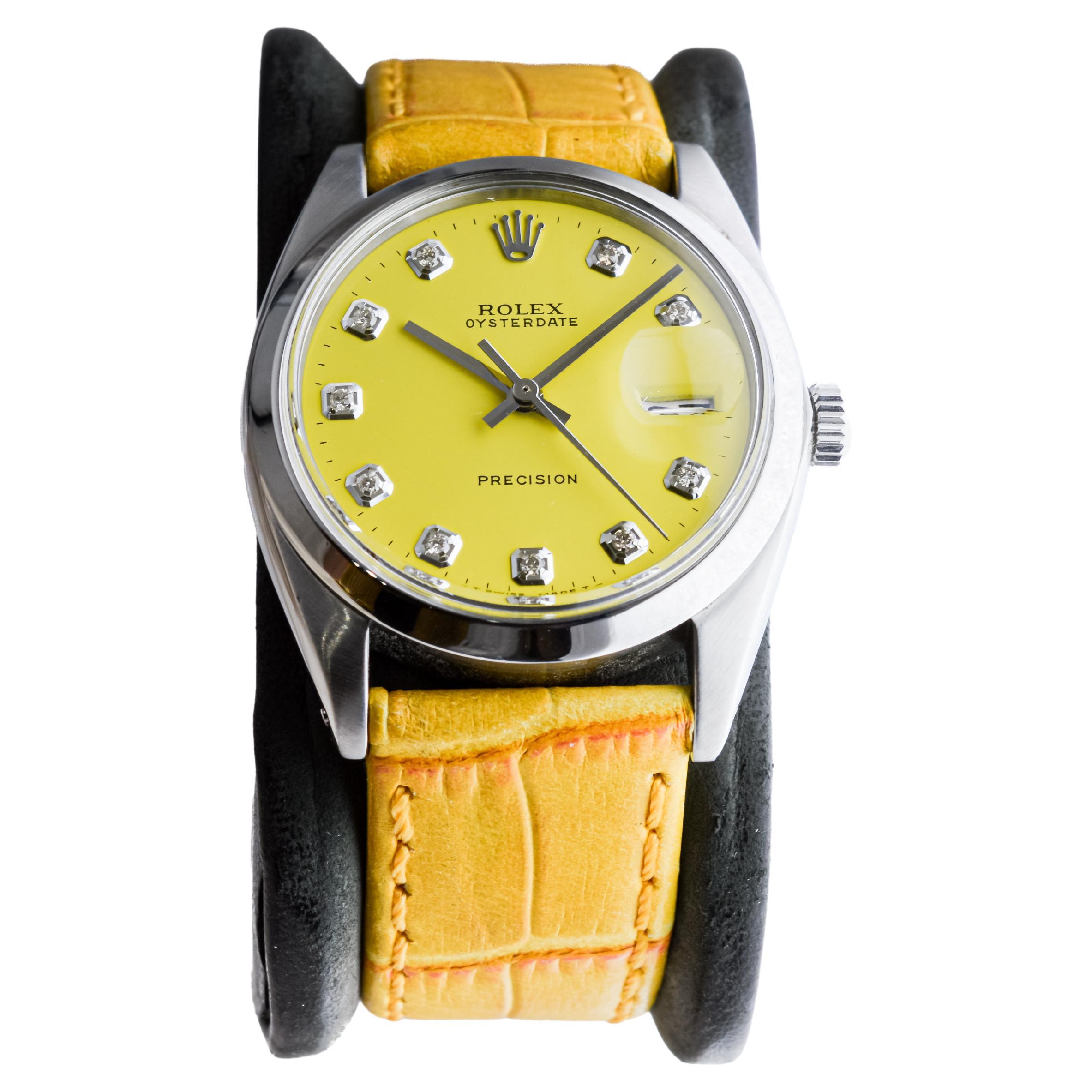 Women's or Men's Rolex Stainless Steel Oysterdate with Custom Yellow Dial circa, 1960's For Sale