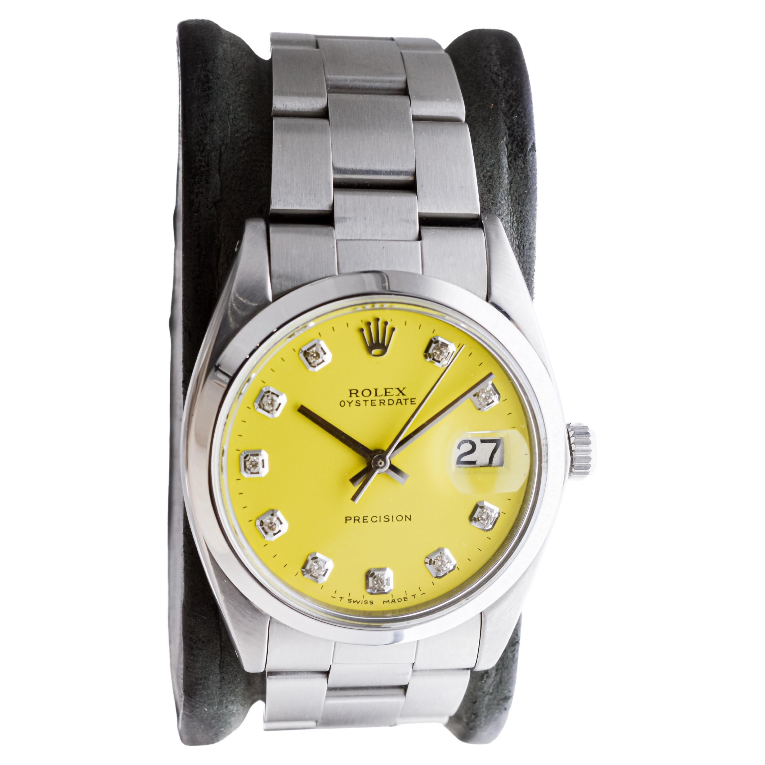 Women's or Men's Rolex Stainless Steel Oysterdate with Custom Yellow Dial circa, 1960's For Sale