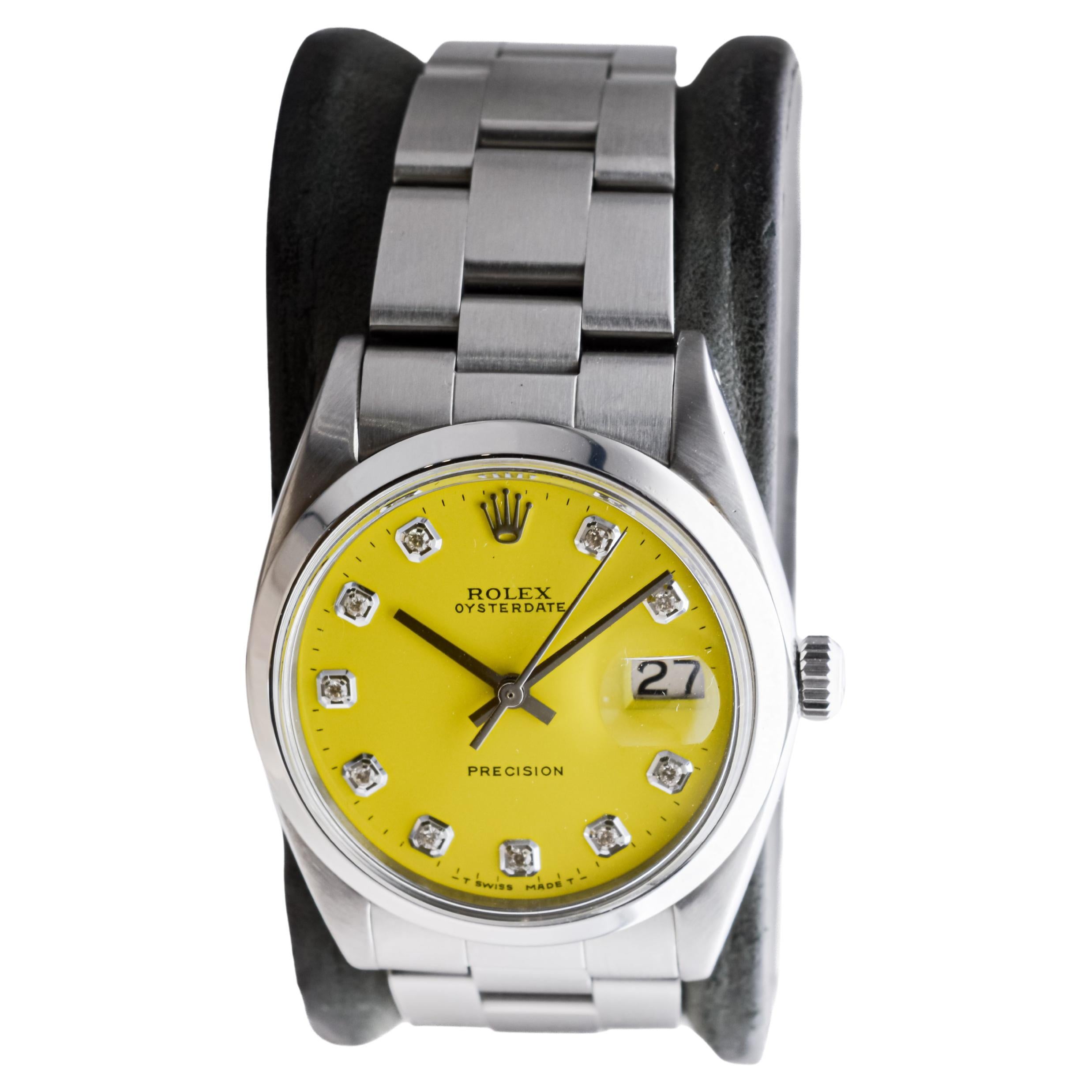 Rolex Stainless Steel Oysterdate with Custom Yellow Dial circa, 1960's For Sale 1