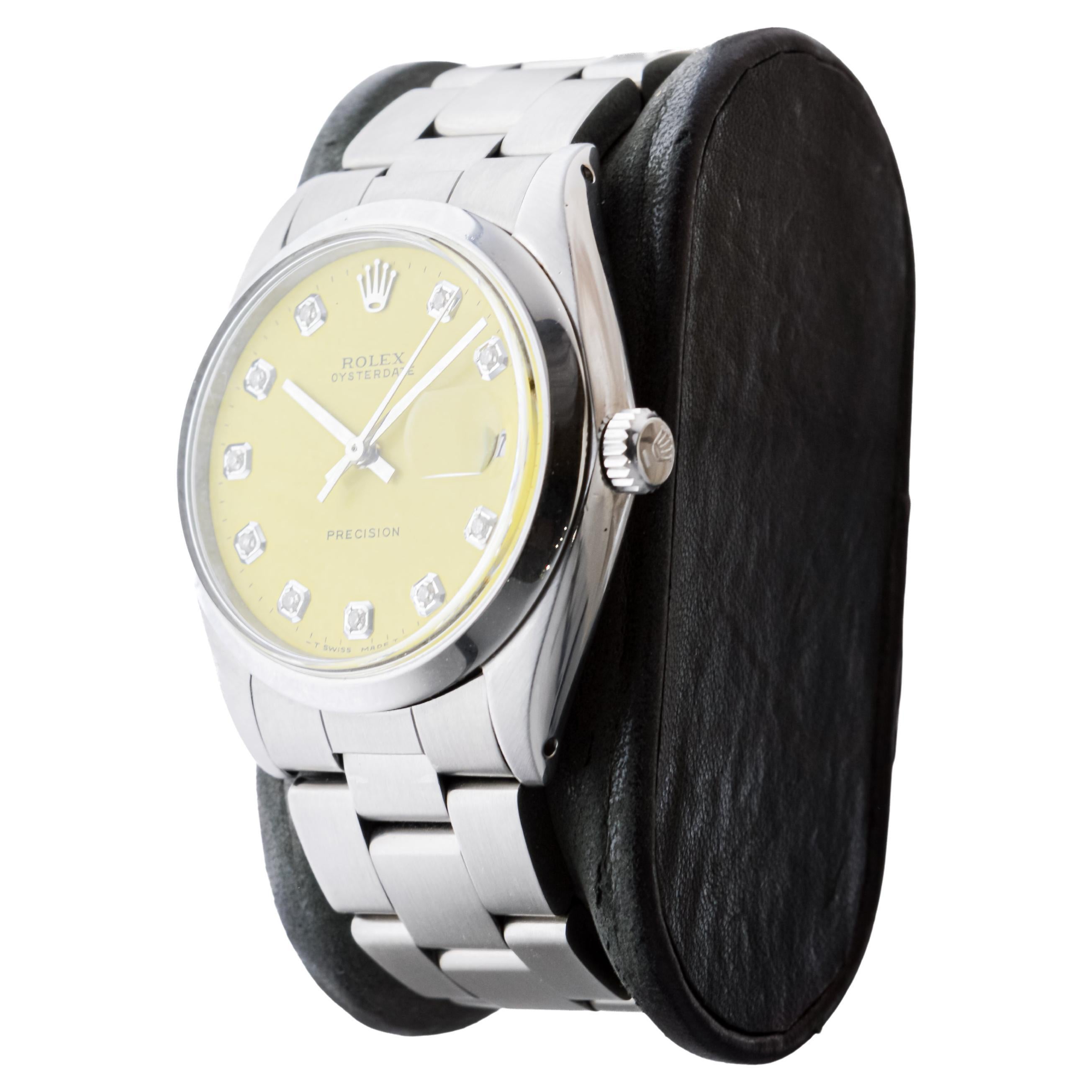 Rolex Stainless Steel Oysterdate with Custom Yellow Dial circa, 1960's For Sale 3