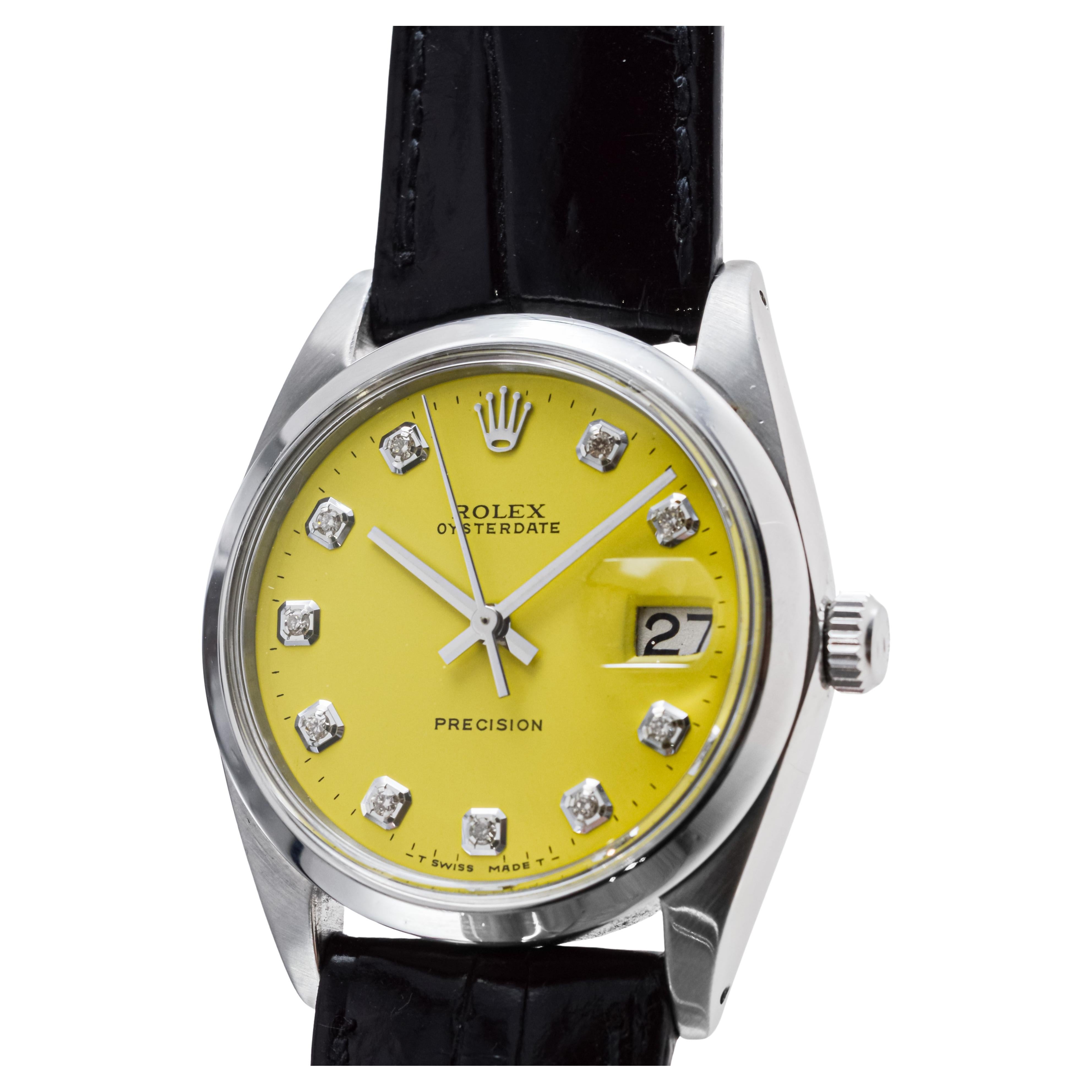 Rolex Stainless Steel Oysterdate with Custom Yellow Diamond Dial circa, 1960's For Sale 5