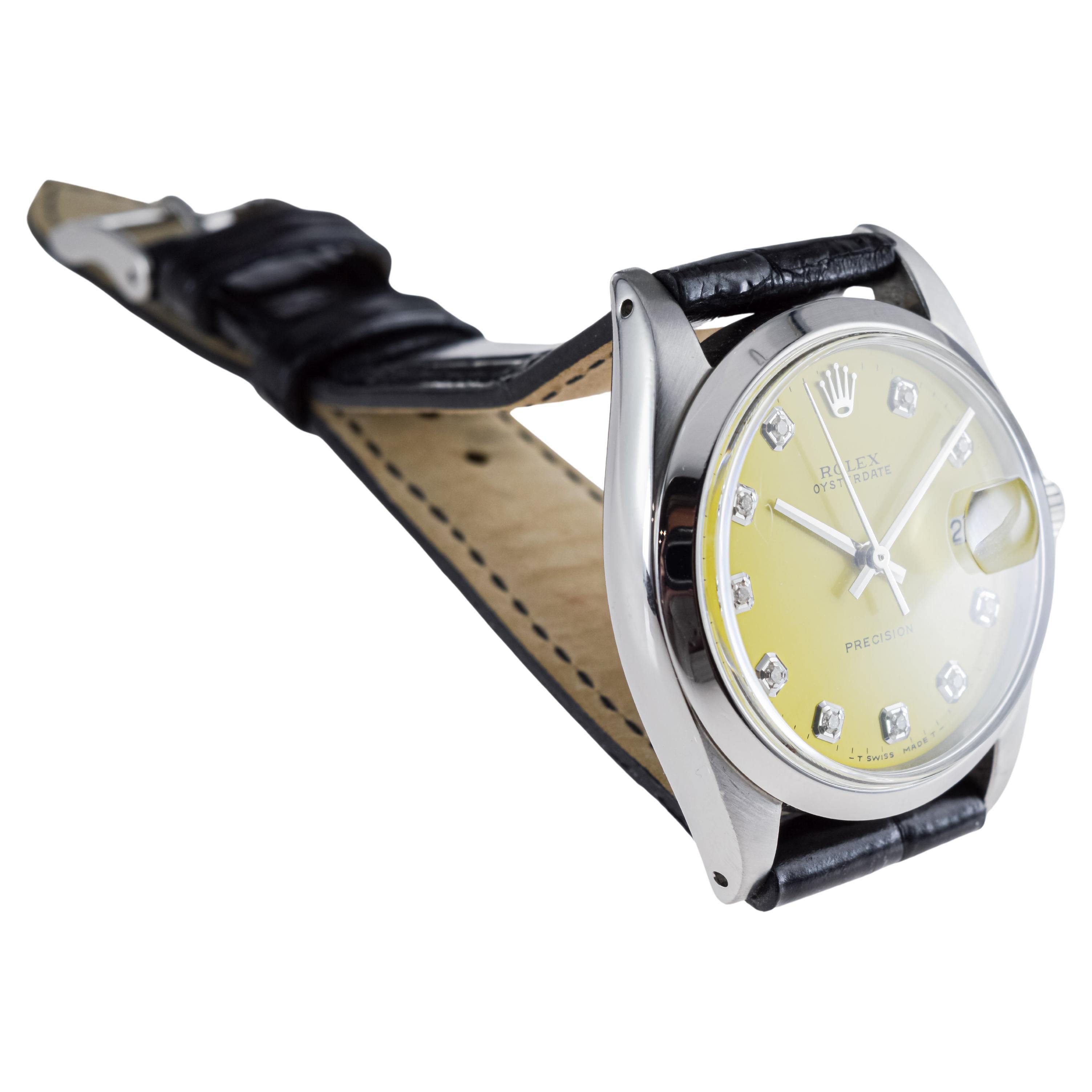Rolex Stainless Steel Oysterdate with Custom Yellow Diamond Dial circa, 1960's For Sale 6