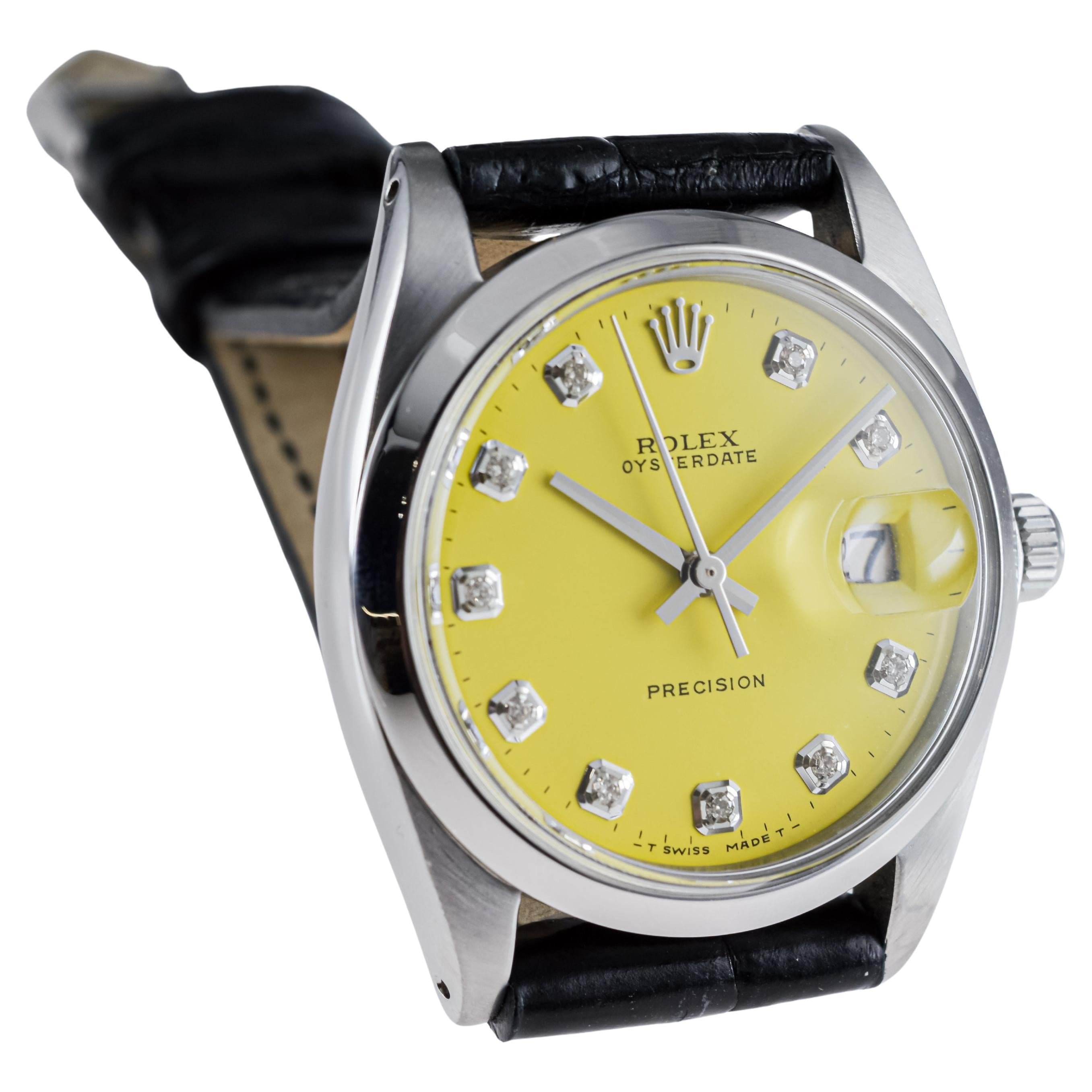 Rolex Stainless Steel Oysterdate with Custom Yellow Diamond Dial circa, 1960's For Sale 7