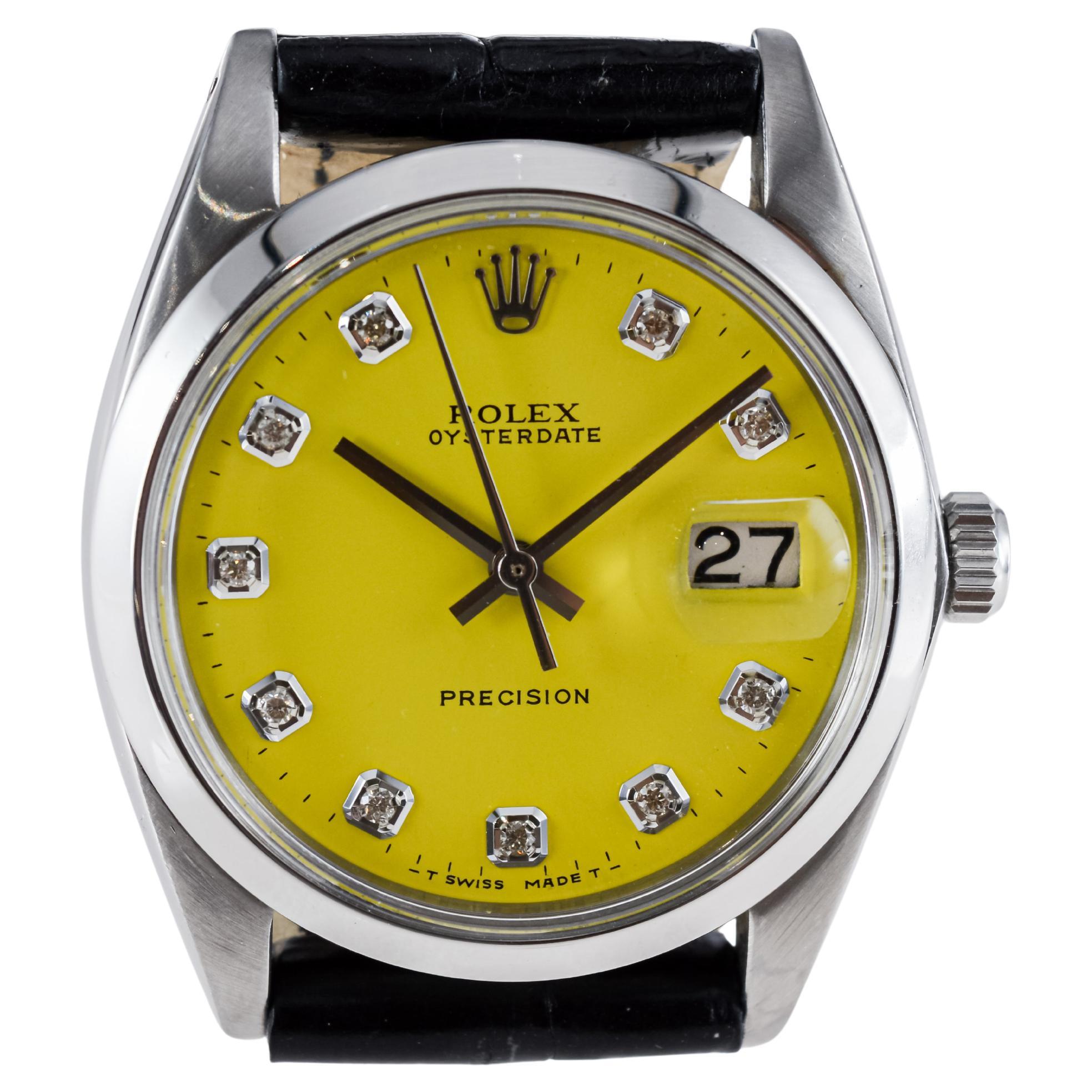 Rolex Stainless Steel Oysterdate with Custom Yellow Diamond Dial circa, 1960's For Sale 8