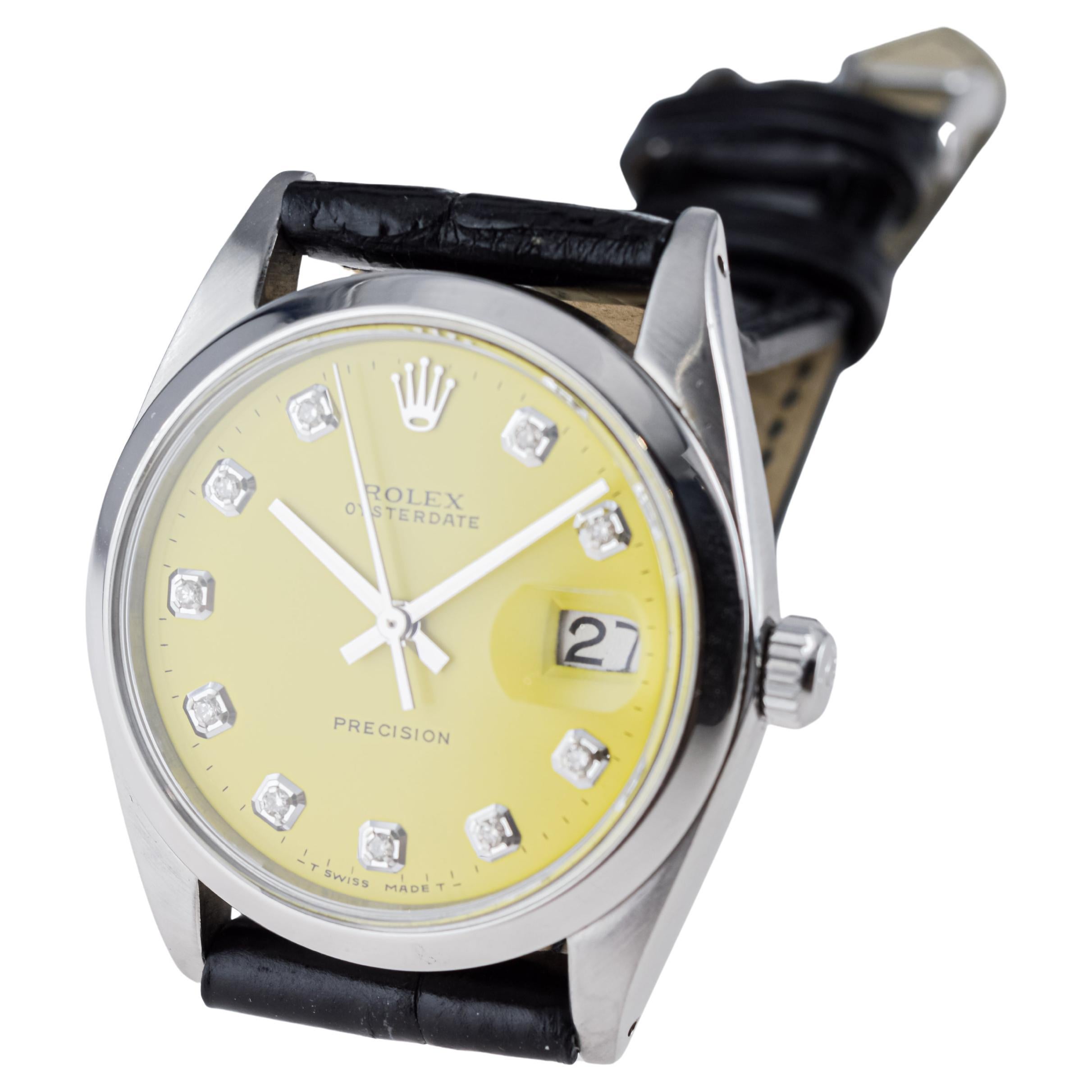 Rolex Stainless Steel Oysterdate with Custom Yellow Diamond Dial circa, 1960's For Sale 9