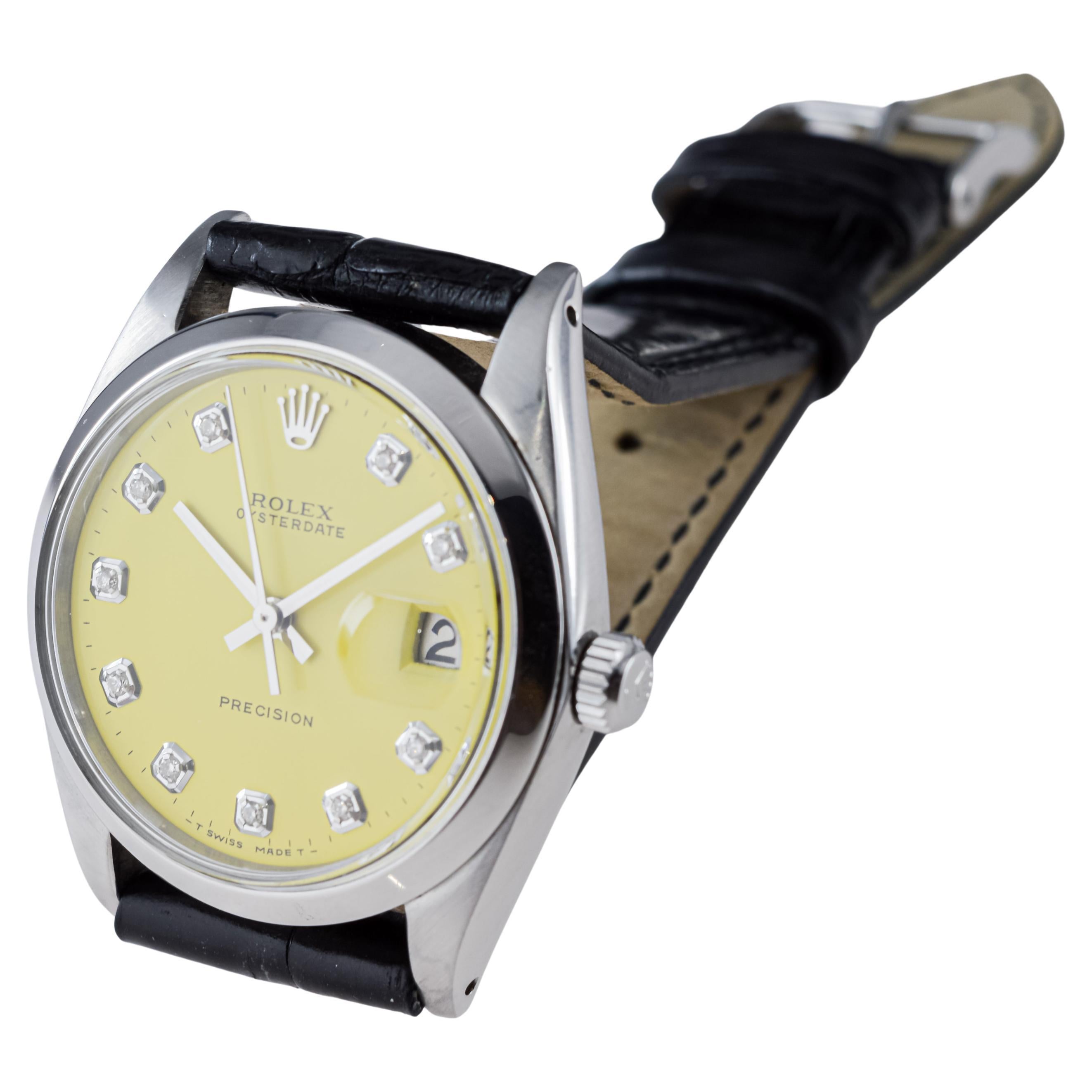 Rolex Stainless Steel Oysterdate with Custom Yellow Diamond Dial circa, 1960's For Sale 10