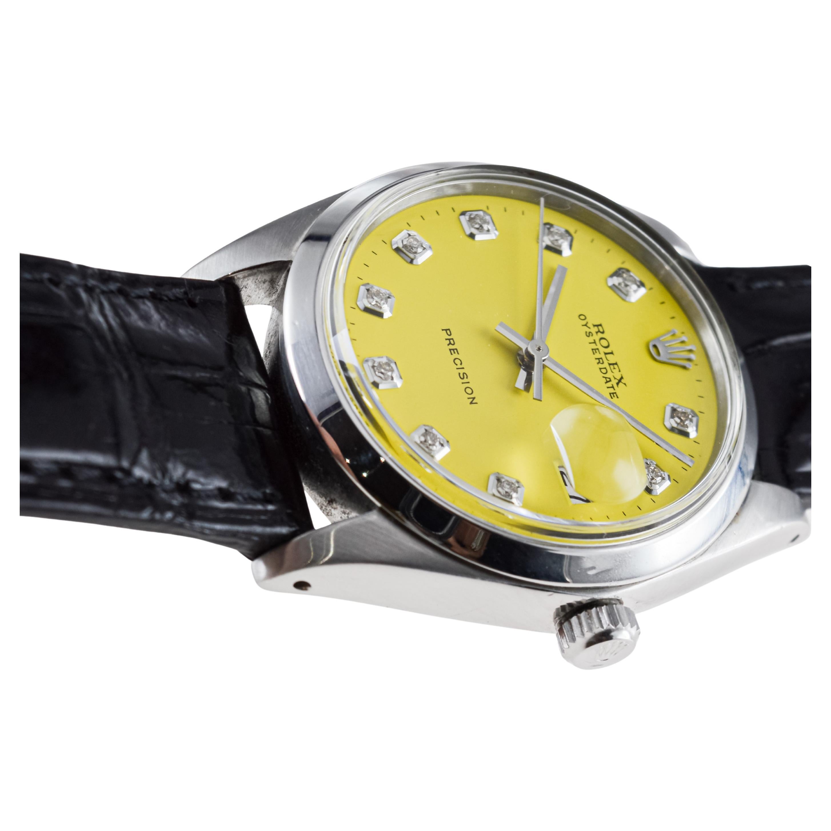 Rolex Stainless Steel Oysterdate with Custom Yellow Diamond Dial circa, 1960's For Sale 11