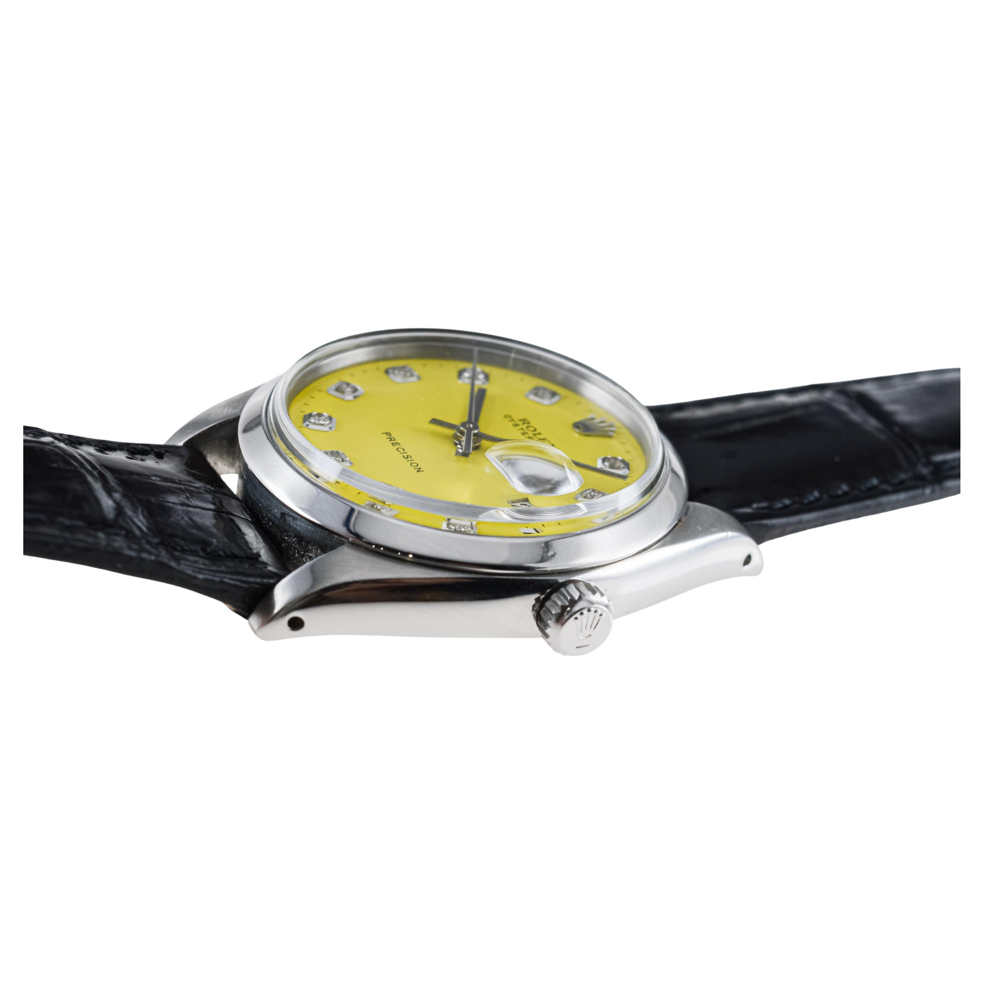 Rolex Stainless Steel Oysterdate with Custom Yellow Diamond Dial circa, 1960's For Sale 12