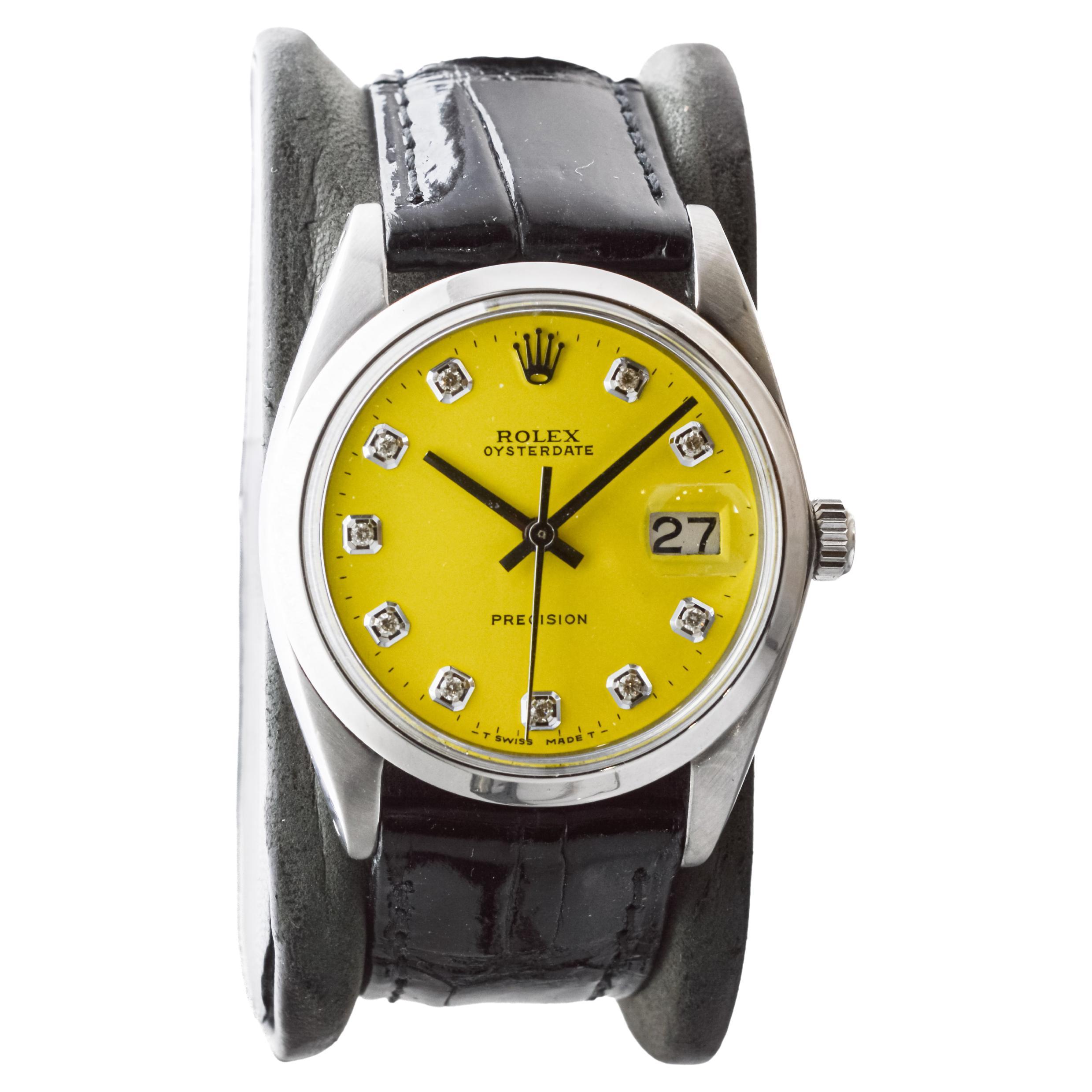 Rolex Stainless Steel Oysterdate with Custom Yellow Diamond Dial circa, 1960's In Excellent Condition For Sale In Long Beach, CA