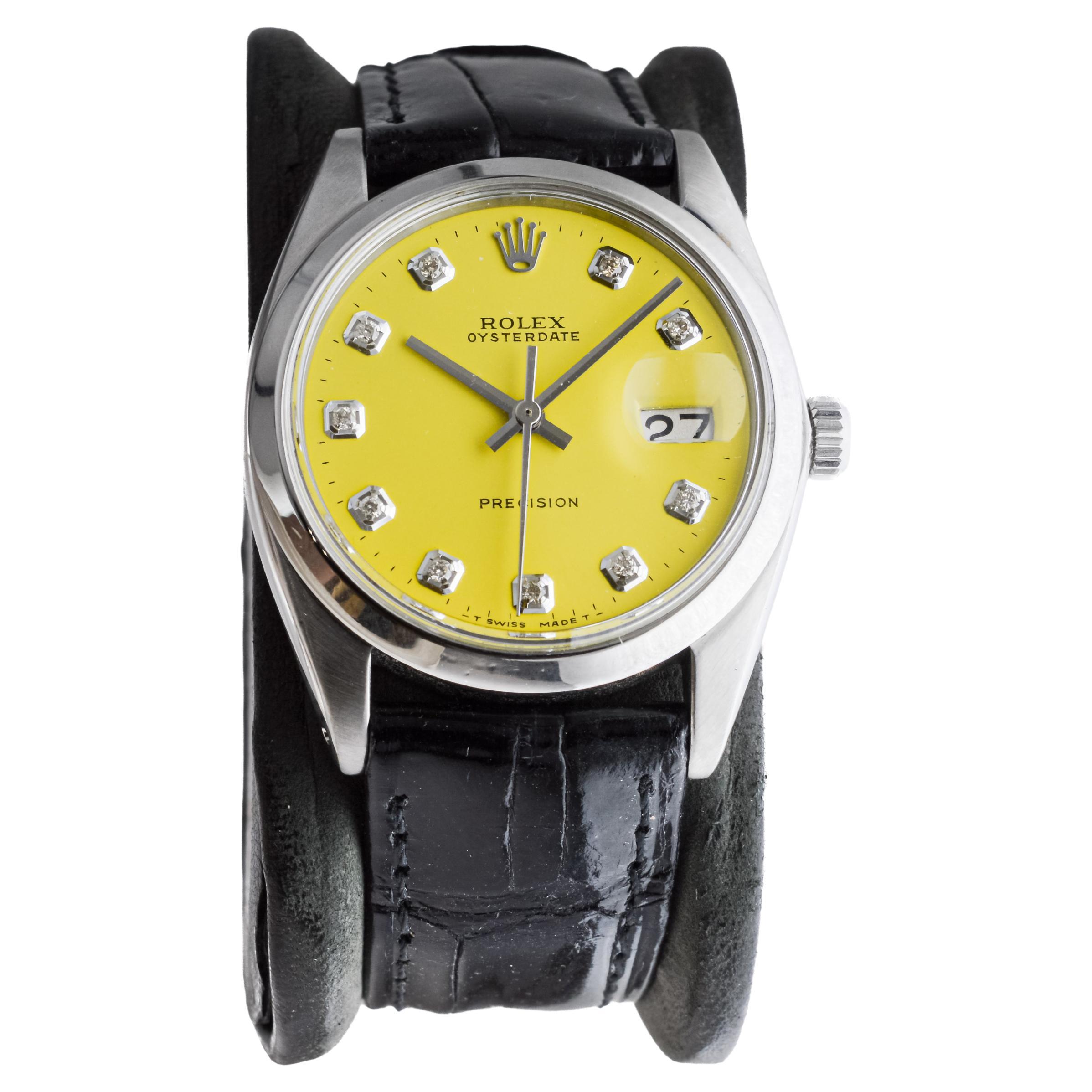 Women's or Men's Rolex Stainless Steel Oysterdate with Custom Yellow Diamond Dial circa, 1960's For Sale