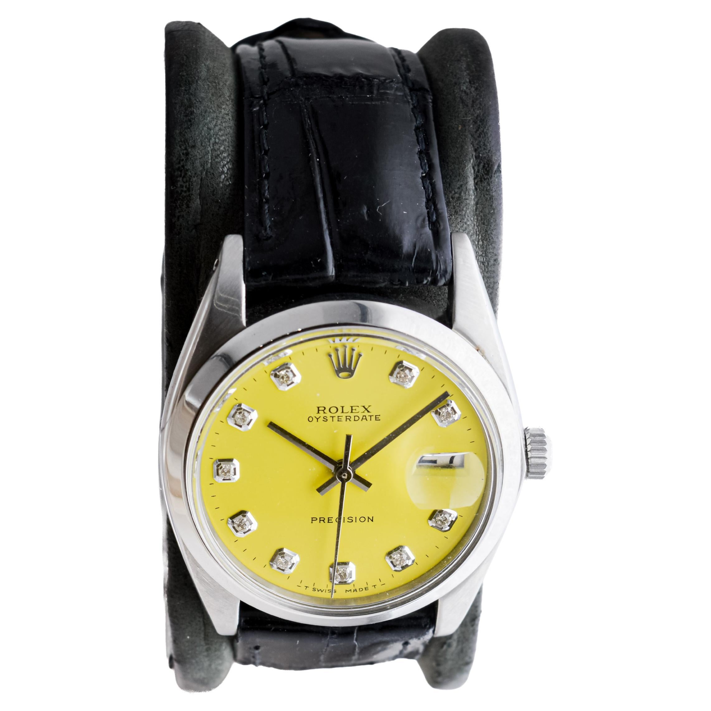Rolex Stainless Steel Oysterdate with Custom Yellow Diamond Dial circa, 1960's For Sale 1