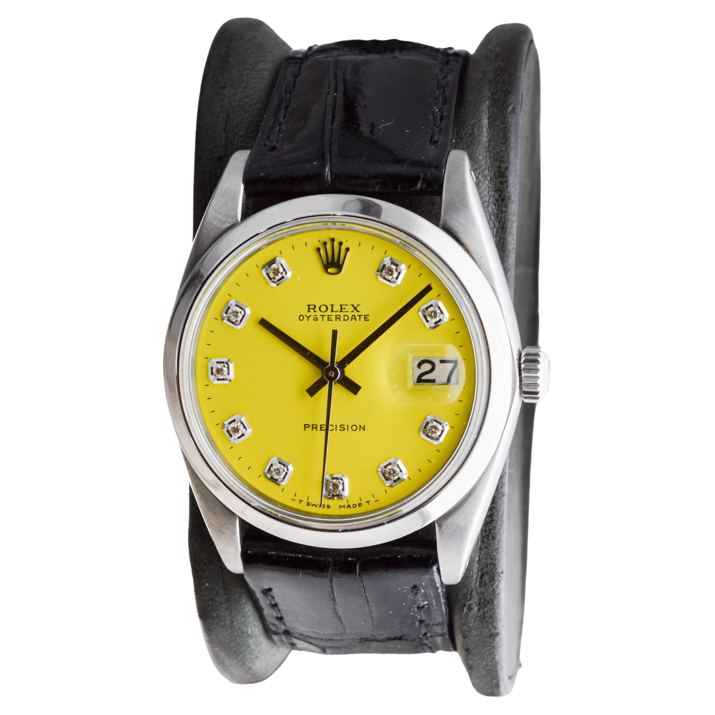 Rolex Stainless Steel Oysterdate with Custom Yellow Diamond Dial circa, 1960's For Sale 2