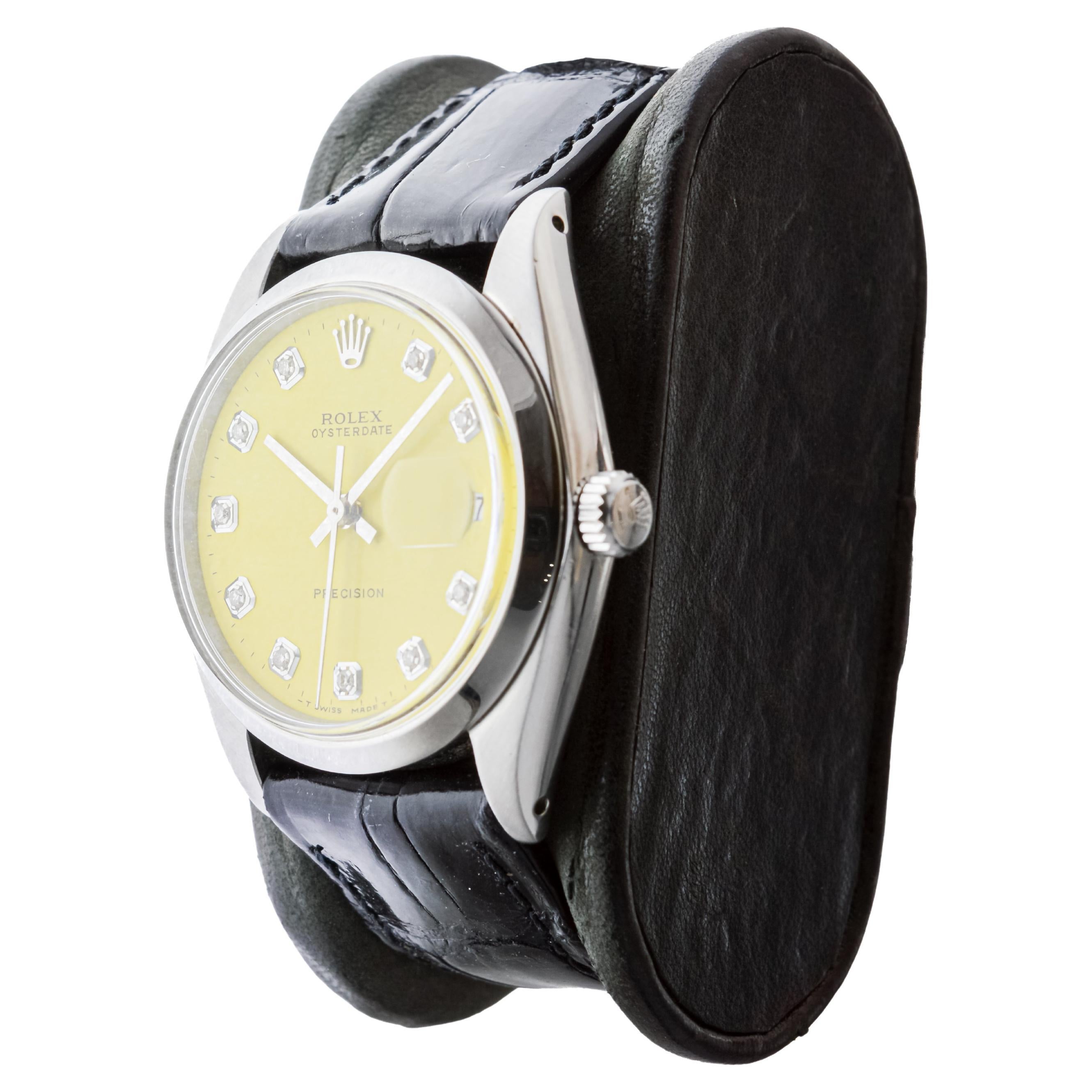 Rolex Stainless Steel Oysterdate with Custom Yellow Diamond Dial circa, 1960's For Sale 3