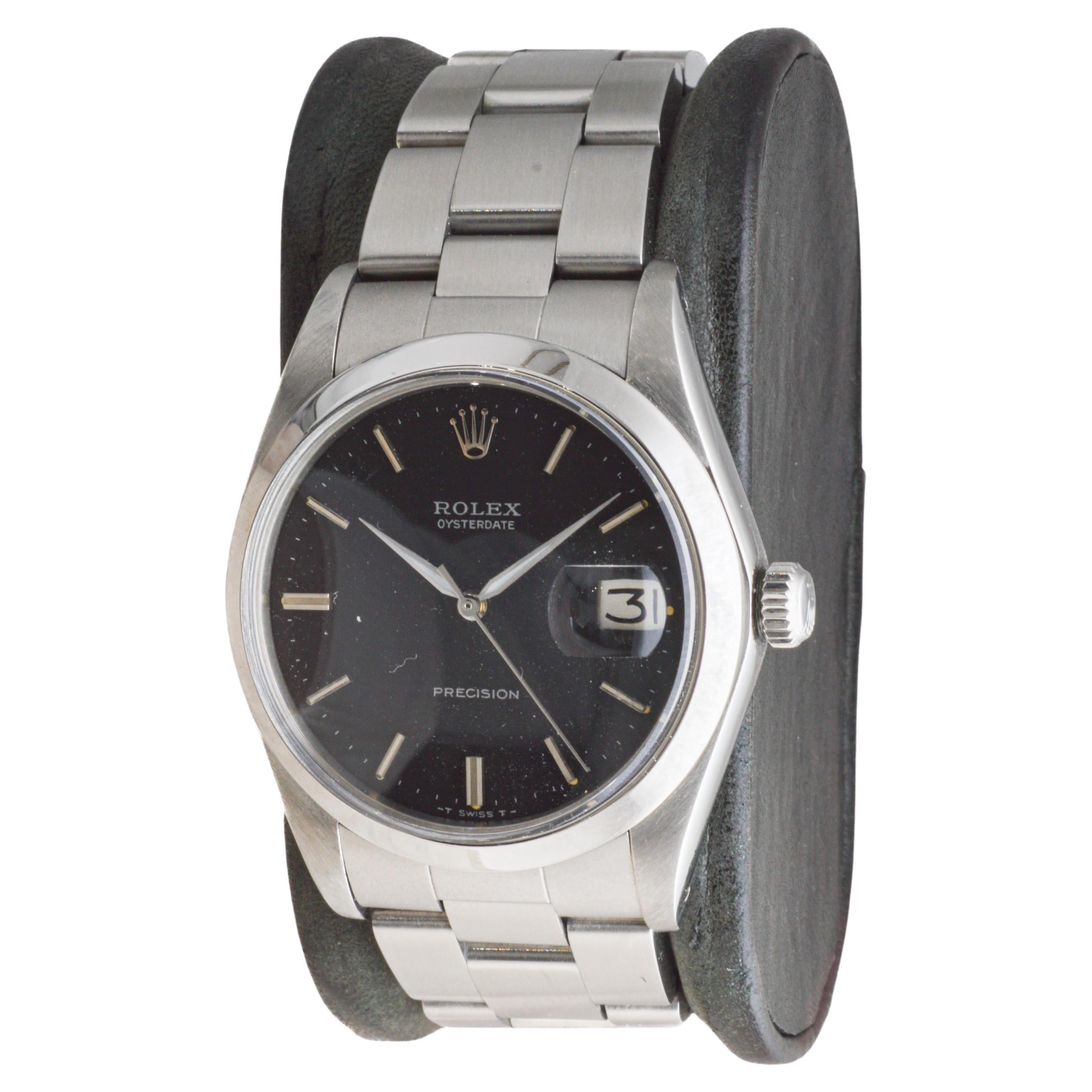 Women's or Men's Rolex Stainless Steel Oysterdate with Factory Original Black Dial circa, 1970's For Sale