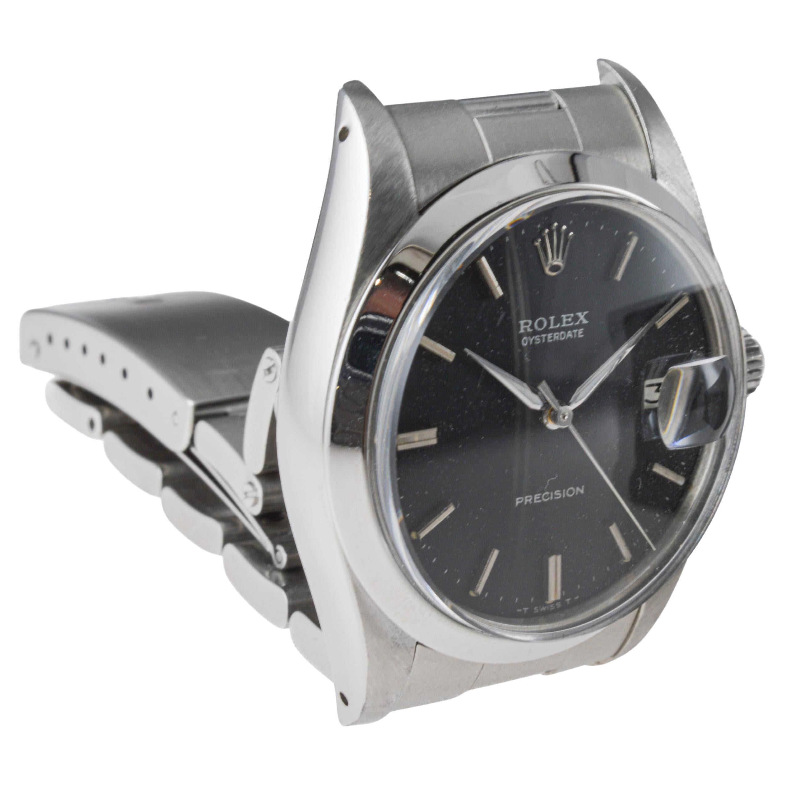 Rolex Stainless Steel Oysterdate with Factory Original Black Dial circa, 1970's For Sale 2
