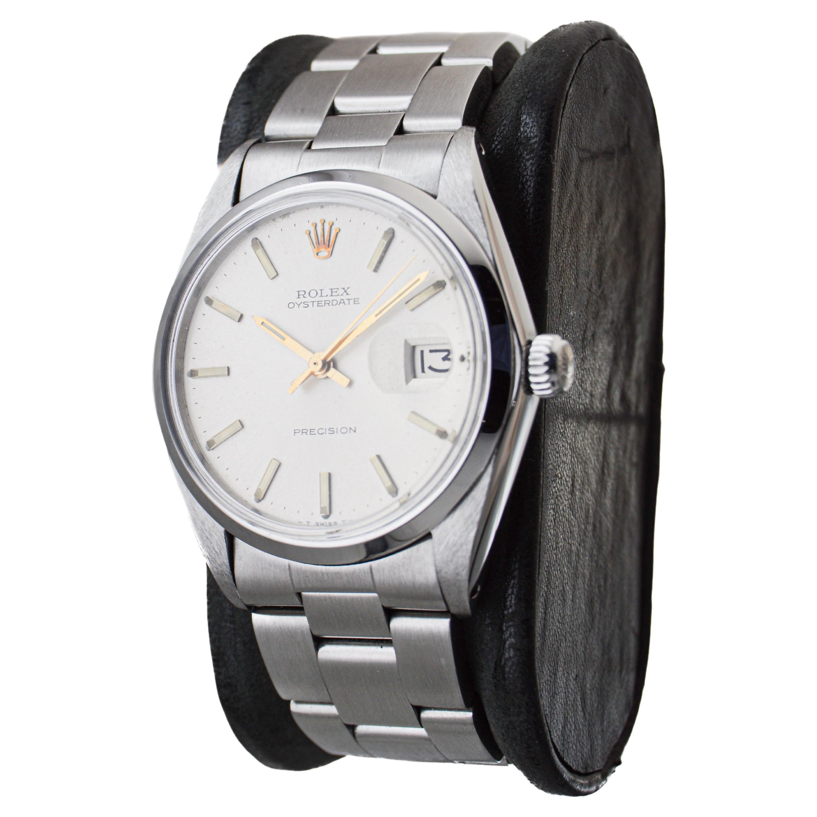 Women's or Men's Rolex Stainless Steel Oysterdate with Factory Original Silver Dial circa, 1960's For Sale