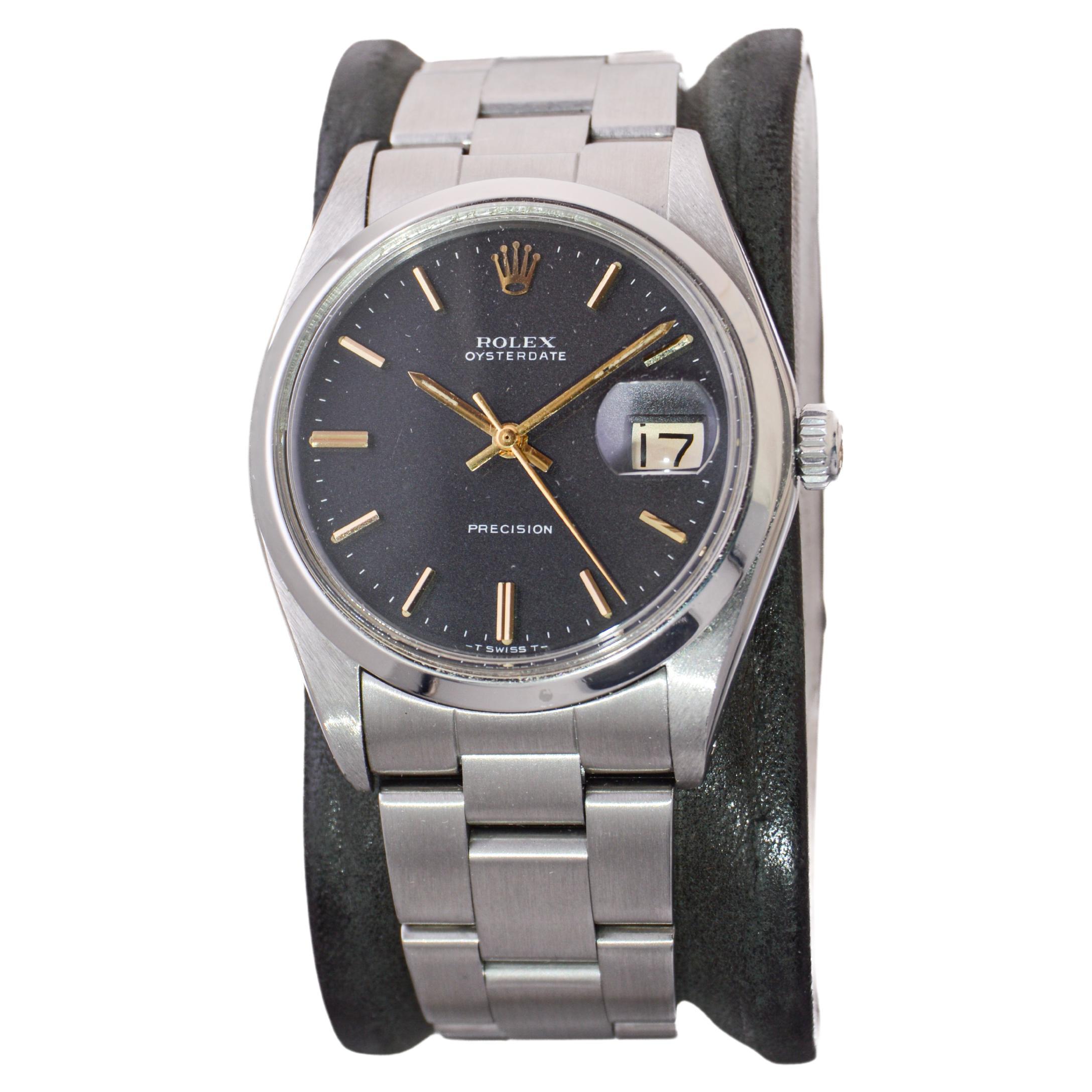 Women's or Men's Rolex Stainless Steel Oysterdate with Rare Factory Original Black Dial 1970's For Sale