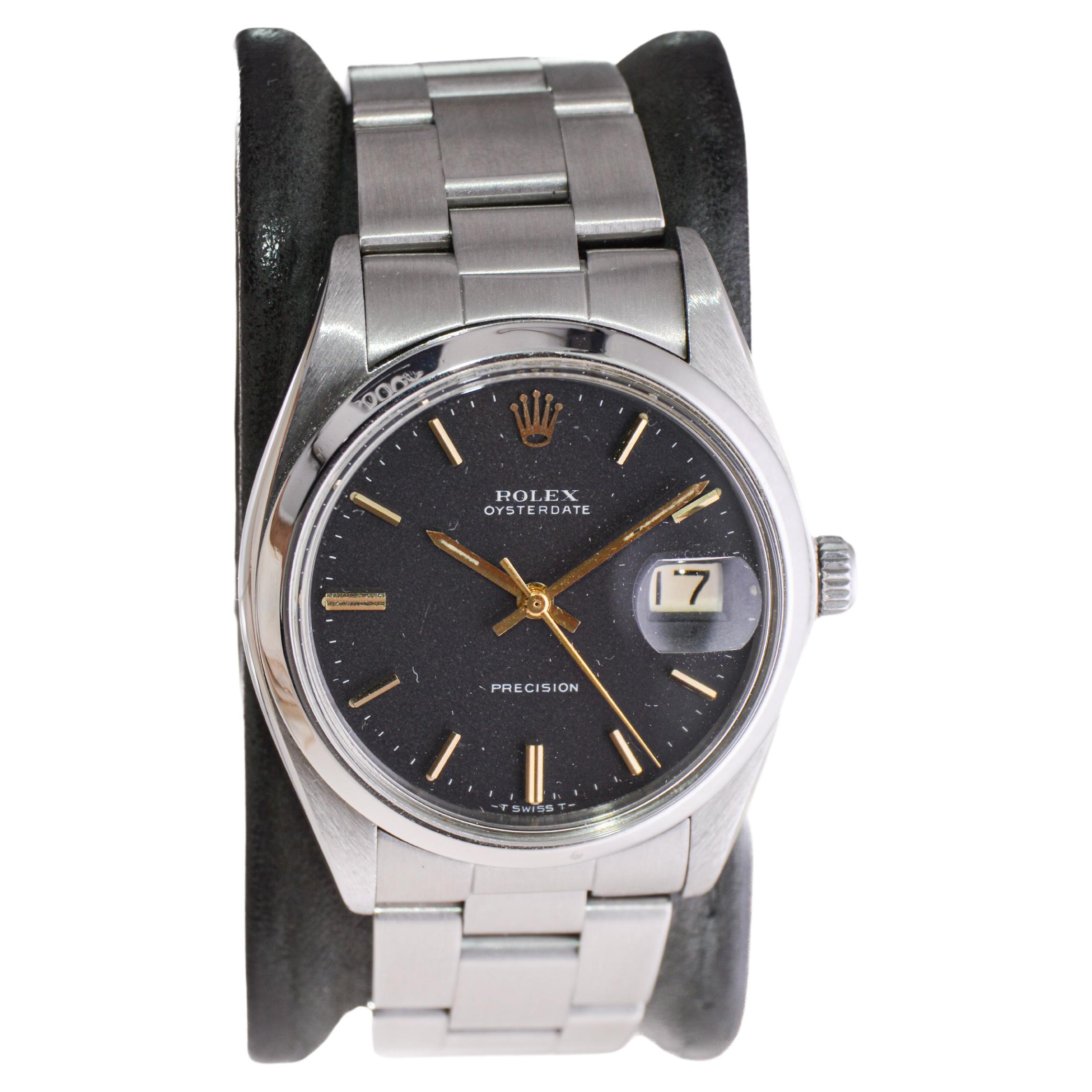 Rolex Stainless Steel Oysterdate with Rare Factory Original Black Dial 1970's For Sale