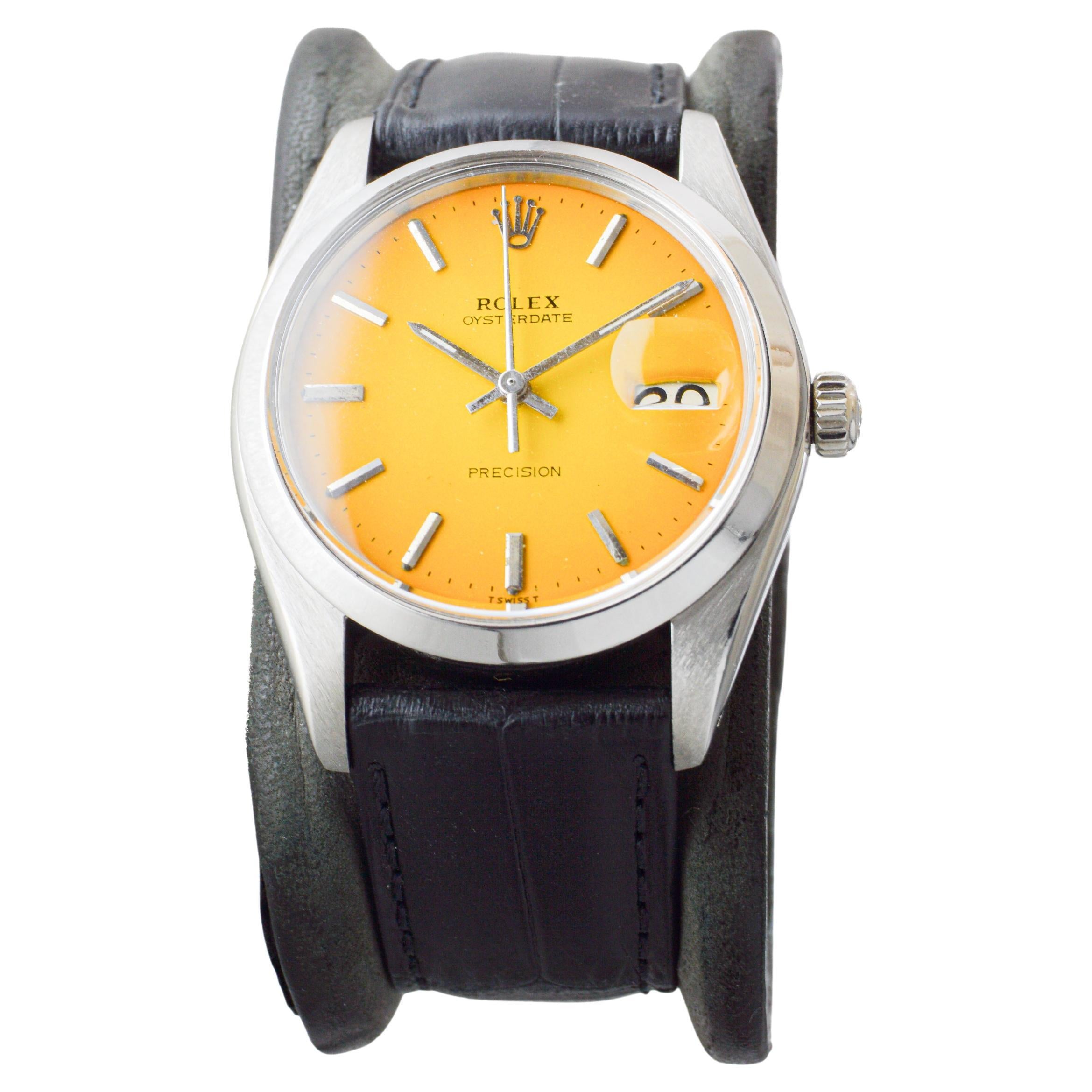 Rolex Oysterdate en acier inoxydable avec rare cadran jaune à vignettes, circa 1970 Unisexe en vente