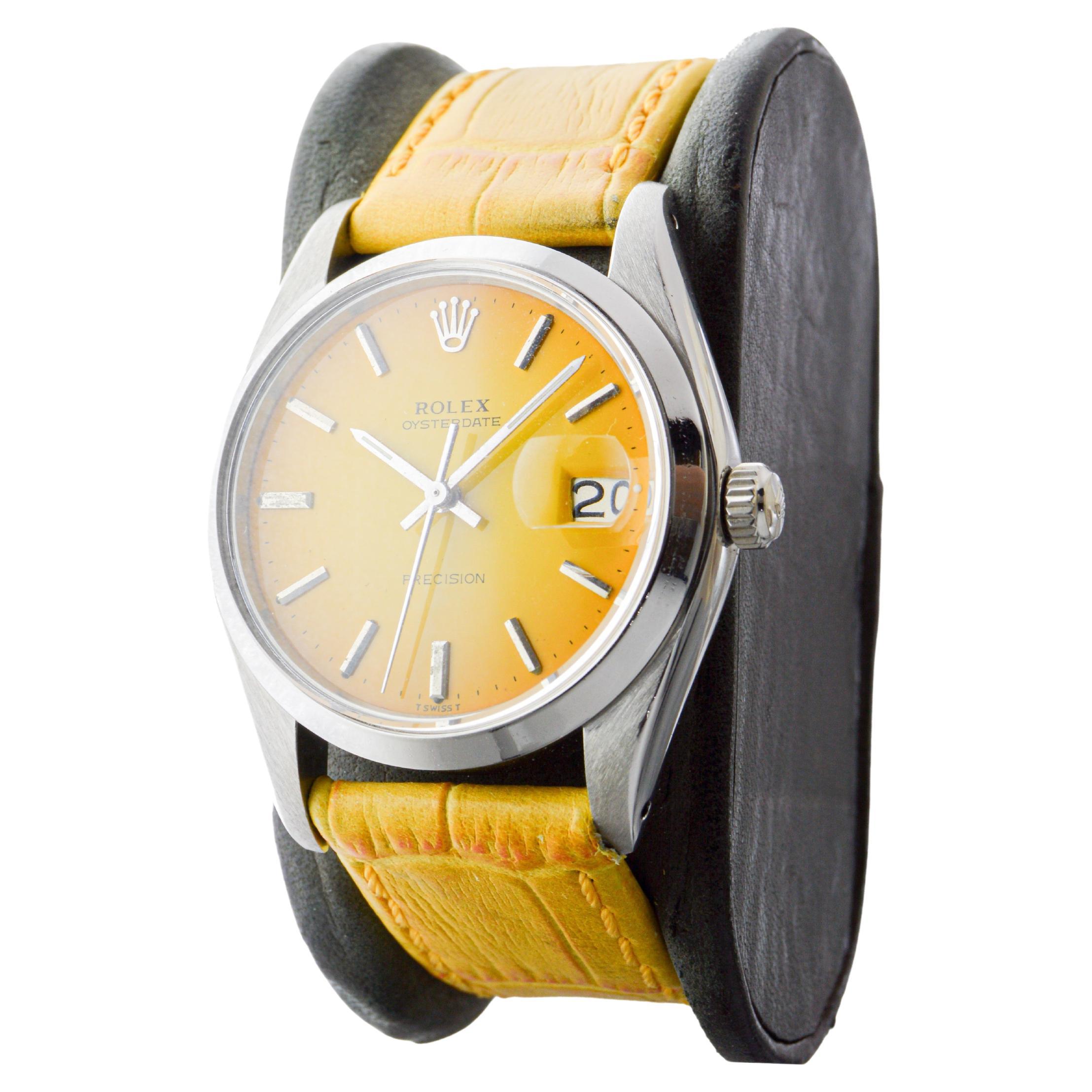 Rolex Edelstahl Oysterdate mit gelbem Vignetten-Zifferblatt ca., 1970er Jahre für Damen oder Herren im Angebot