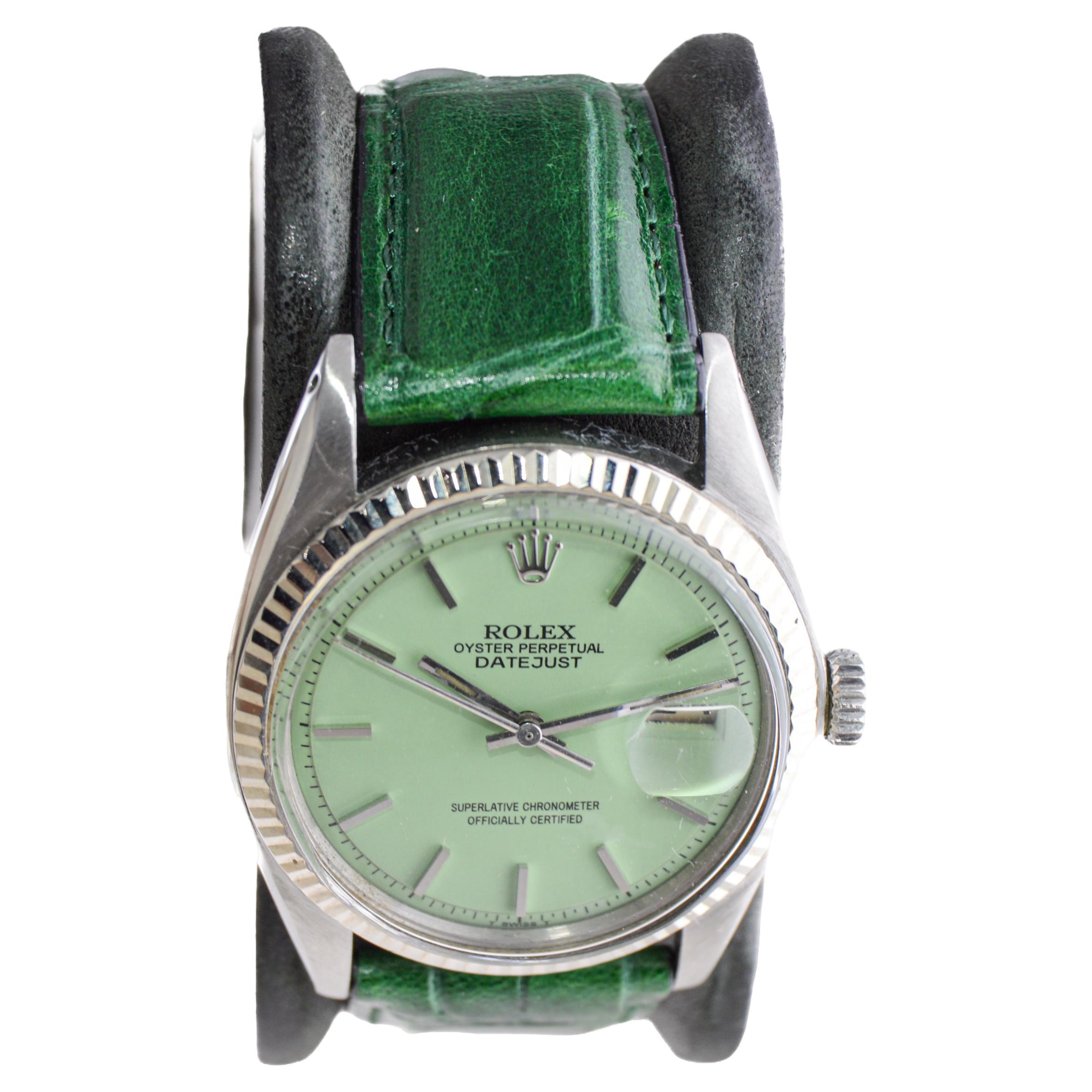 Rolex Stainless Steel Perpetual Datejust with Custom Finished Green Dial 1970's In Excellent Condition For Sale In Long Beach, CA