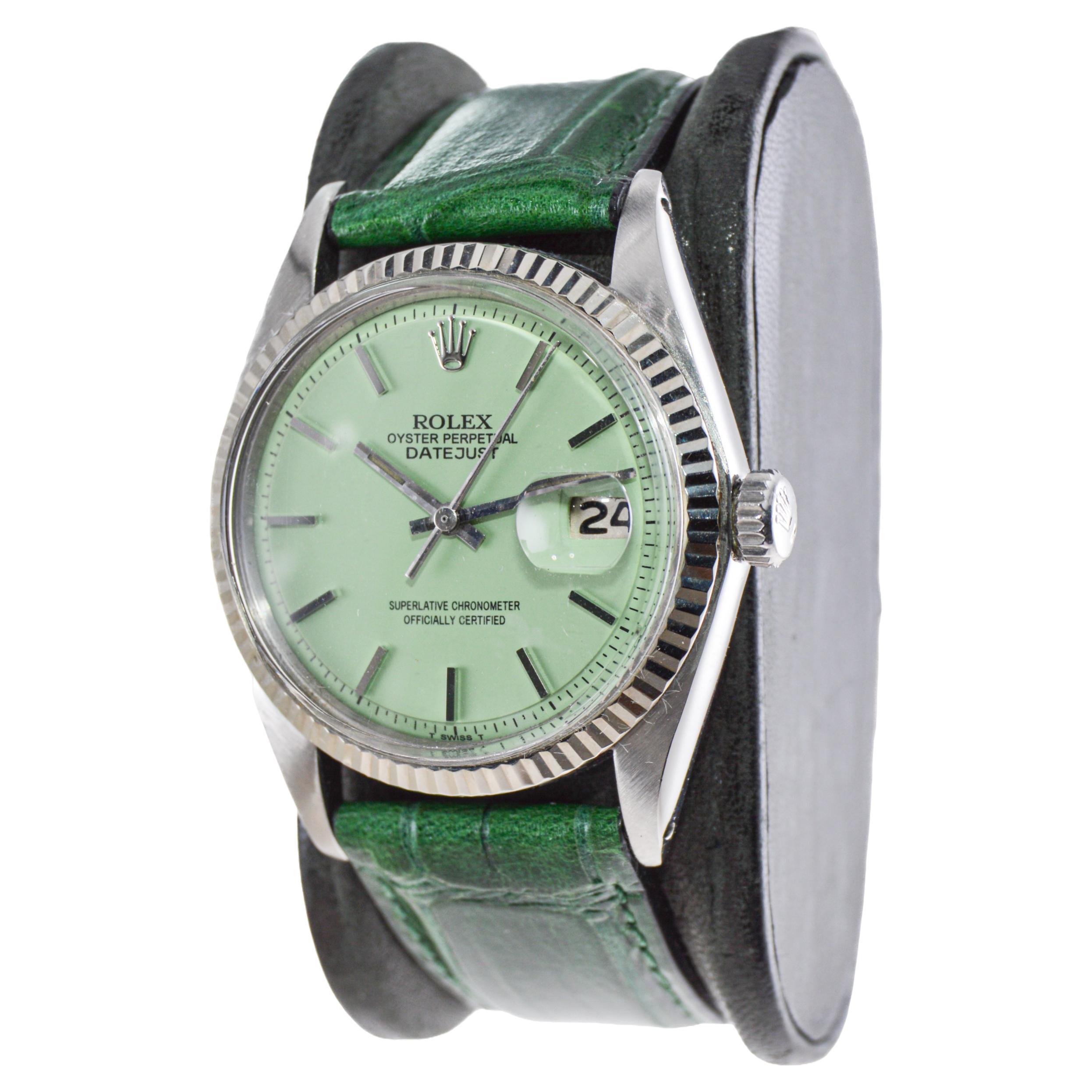Women's or Men's Rolex Stainless Steel Perpetual Datejust with Custom Finished Green Dial 1970's For Sale