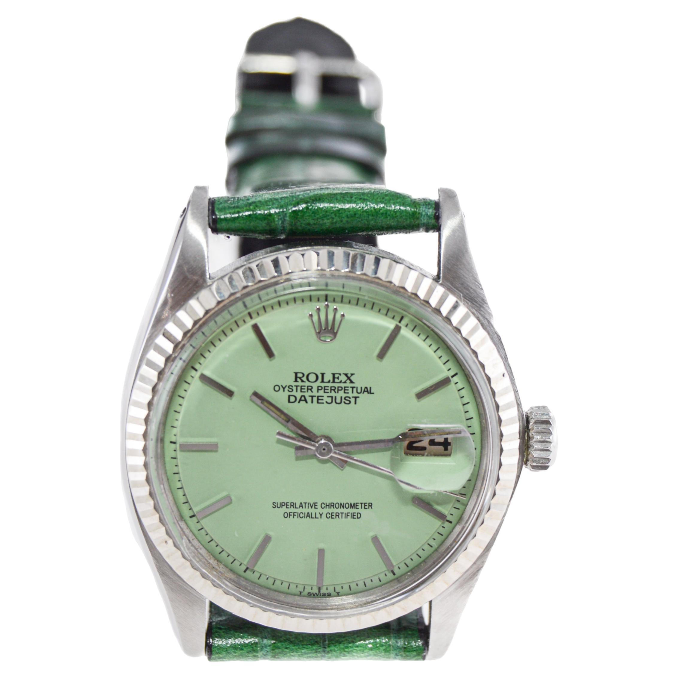 Rolex Montre Perpetual Datejust en acier inoxydable avec cadran vert fini sur mesure, années 1970 en vente 2