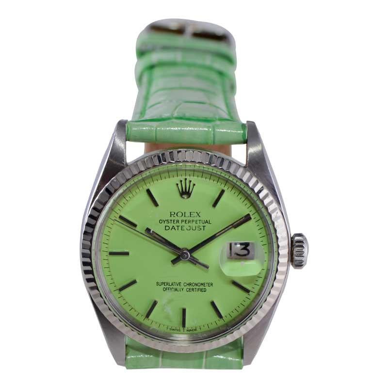 Rolex Stainless Steel Perpetual Datejust with Custom Finished Green Dial 1970's In Excellent Condition In Long Beach, CA