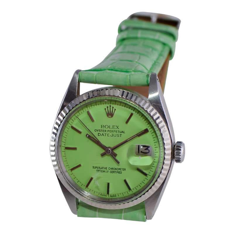 Women's or Men's Rolex Stainless Steel Perpetual Datejust with Custom Finished Green Dial 1970's