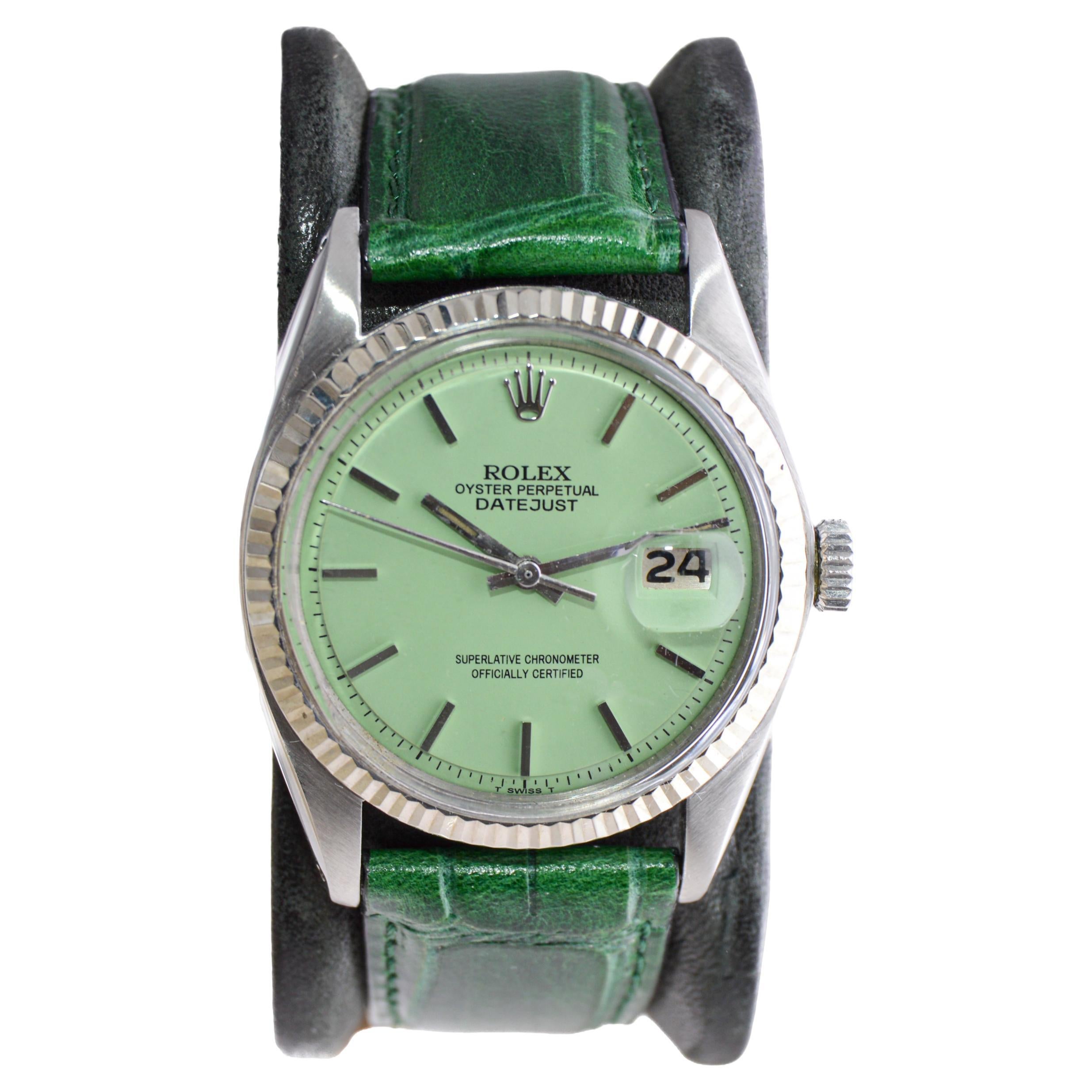 Rolex Montre Perpetual Datejust en acier inoxydable avec cadran vert fini sur mesure, années 1970 en vente