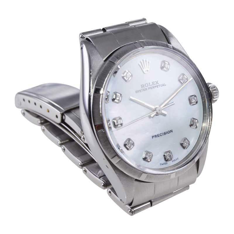 Women's or Men's Rolex Stainless Steel Perpetual with Custom Made Mother of Pearl Dial 1960's For Sale
