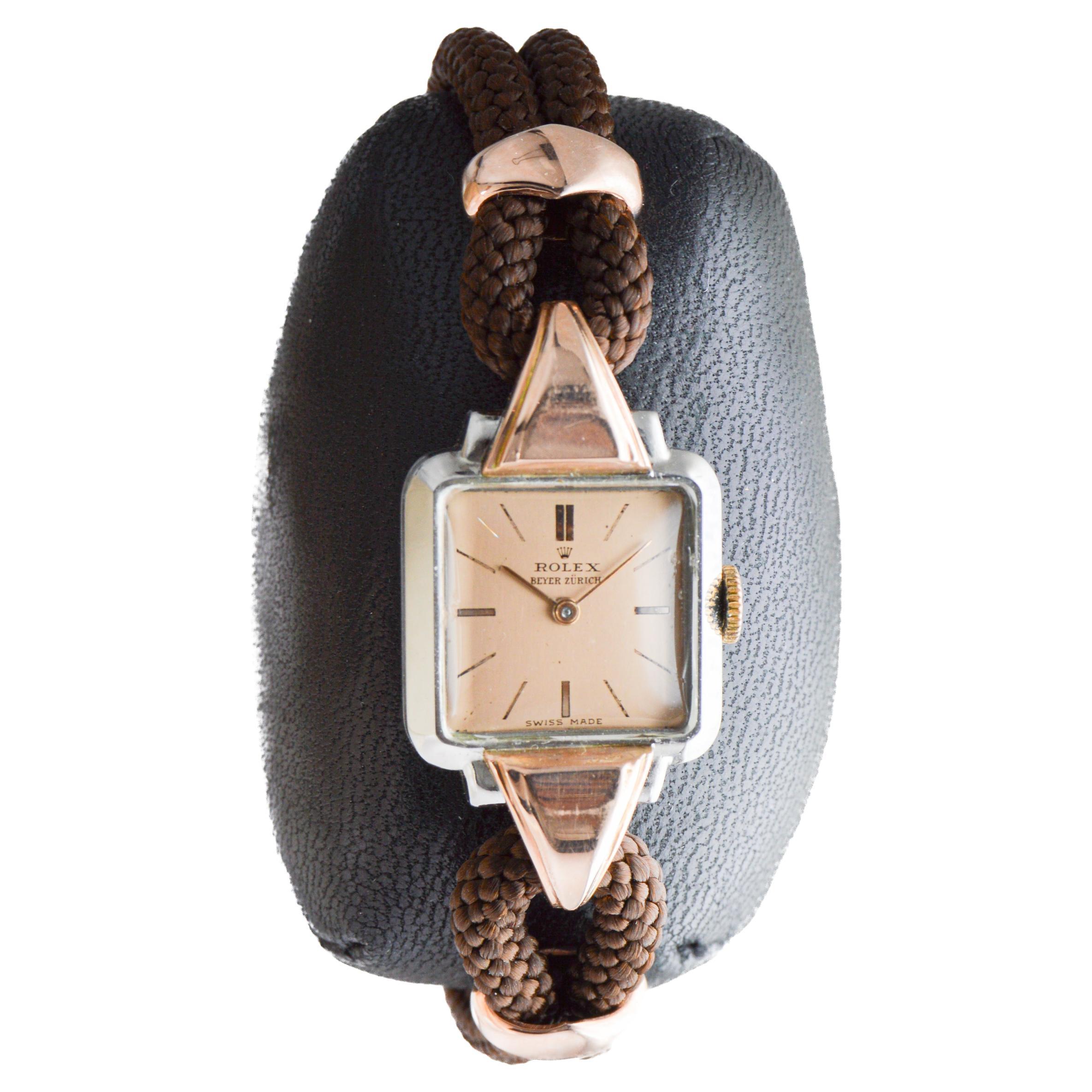 Rolex Stainless Steel 
Rose Gold Ladies Art Deco Watch circa 1957 Original Dial For Sale