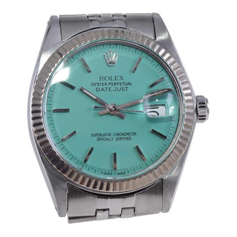 Modernist Rolex Stainless Steel Datejust Model with Custom Tiffany Blue Dial Late 1960's