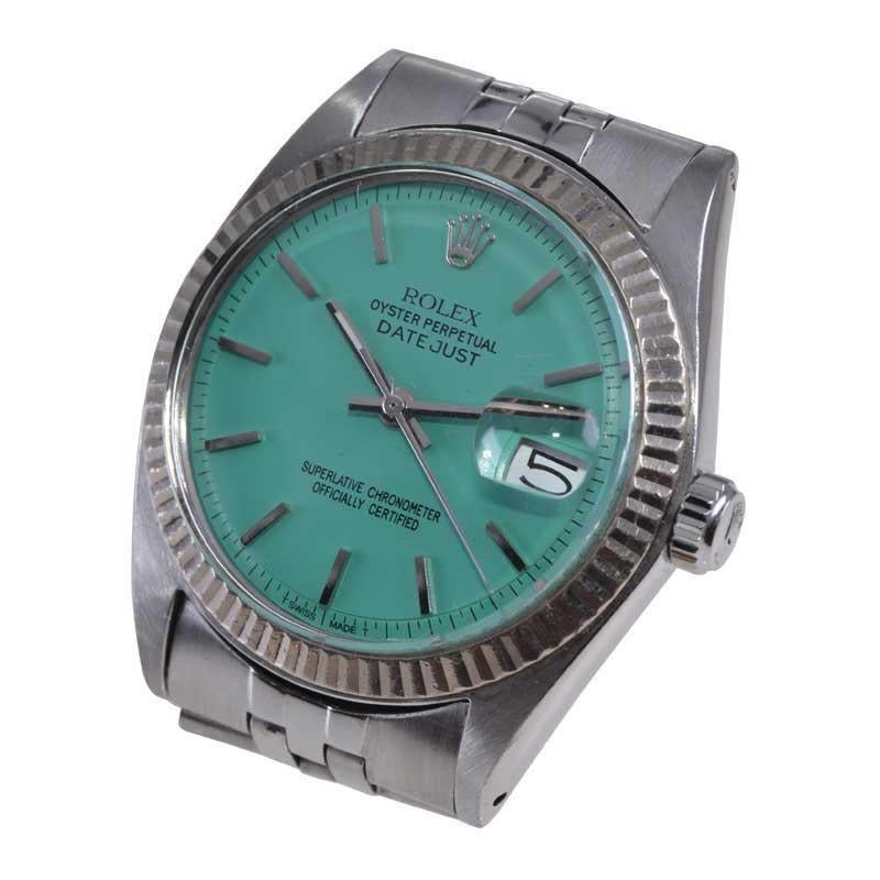 Women's or Men's Rolex Stainless Steel Datejust Model with Custom Tiffany Blue Dial Late 1960's