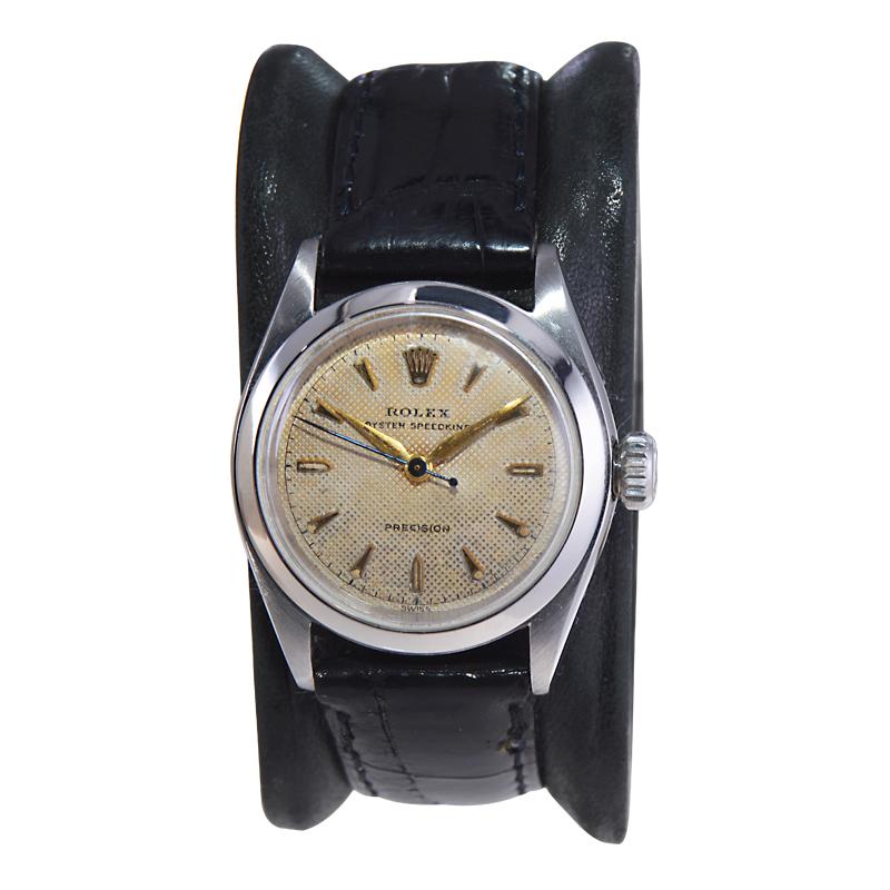 FACTORY / HOUSE: Rolex Watch Company
STYLE / REFERENCE: Oyster Speed King / Reference 6221
METAL / MATERIAL: Stainless Steel 
CIRCA / YEAR: 1954
DIMENSIONS / SIZE: Length 30mm x Diameter 35mm
MOVEMENT / CALIBER: Manual Winding / 17 Jewels / Caliber