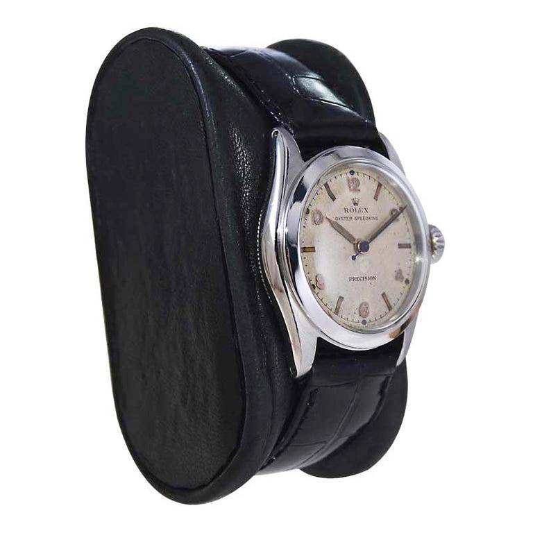 FACTORY / HOUSE: Rolex Watch Company
STYLE / REFERENCE: Speedking / Reference 4220
METAL / MATERIAL: Stainless Steel 
CIRCA / YEAR: 1947
DIMENSIONS / SIZE: Length 30mm X Diameter 35mm
MOVEMENT / CALIBER: Manual Winding / 17 Jewels / Caliber 10