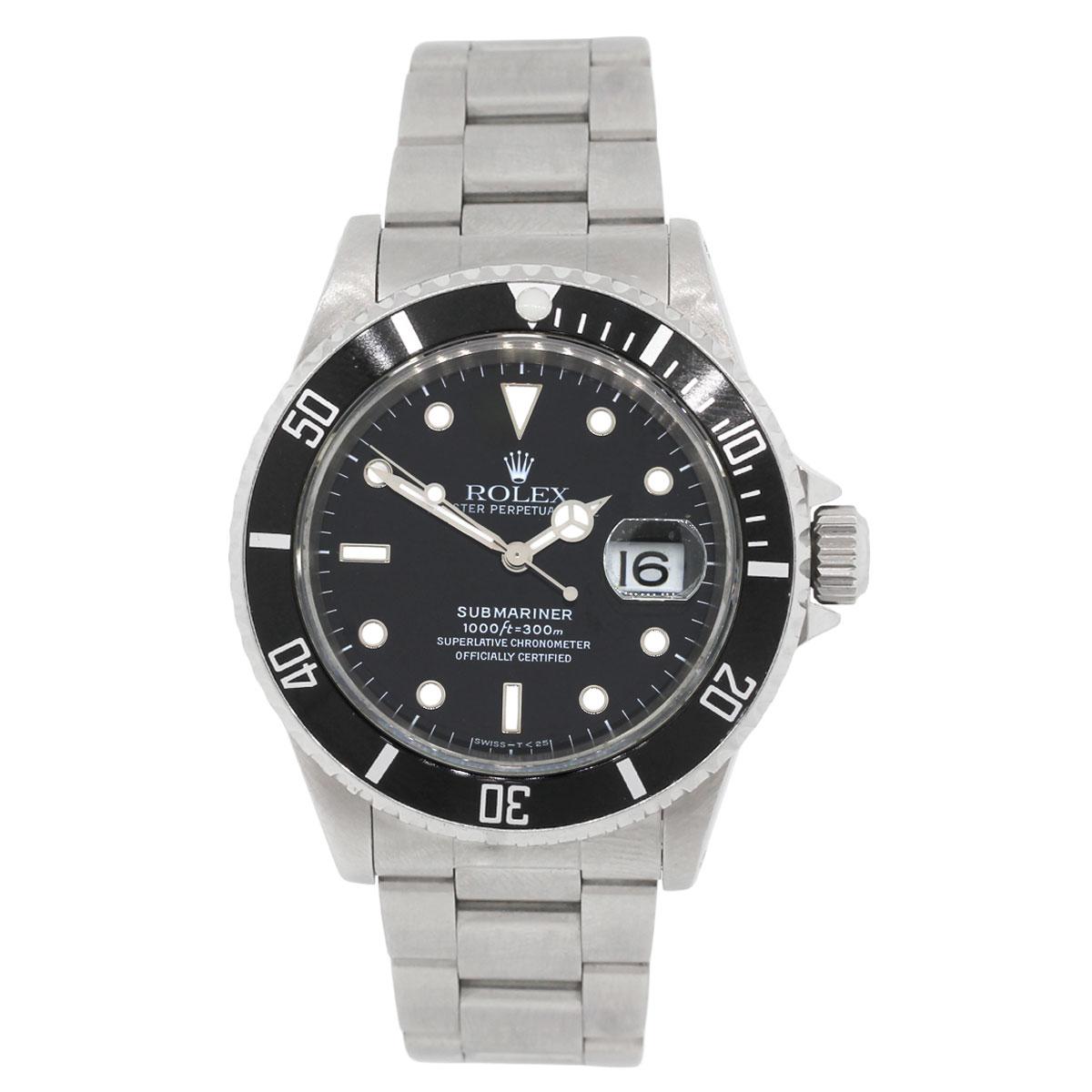 Brand: Rolex
MPN: 16610
Model: Submariner
Case Material: Stainless steel
Case Diameter: 40mm
Crystal: Scratch resistant sapphire
Bezel: Unidirectional black bezel
Dial:	Black dial with date window at the 3 o’clock position
Bracelet: Stainless steel